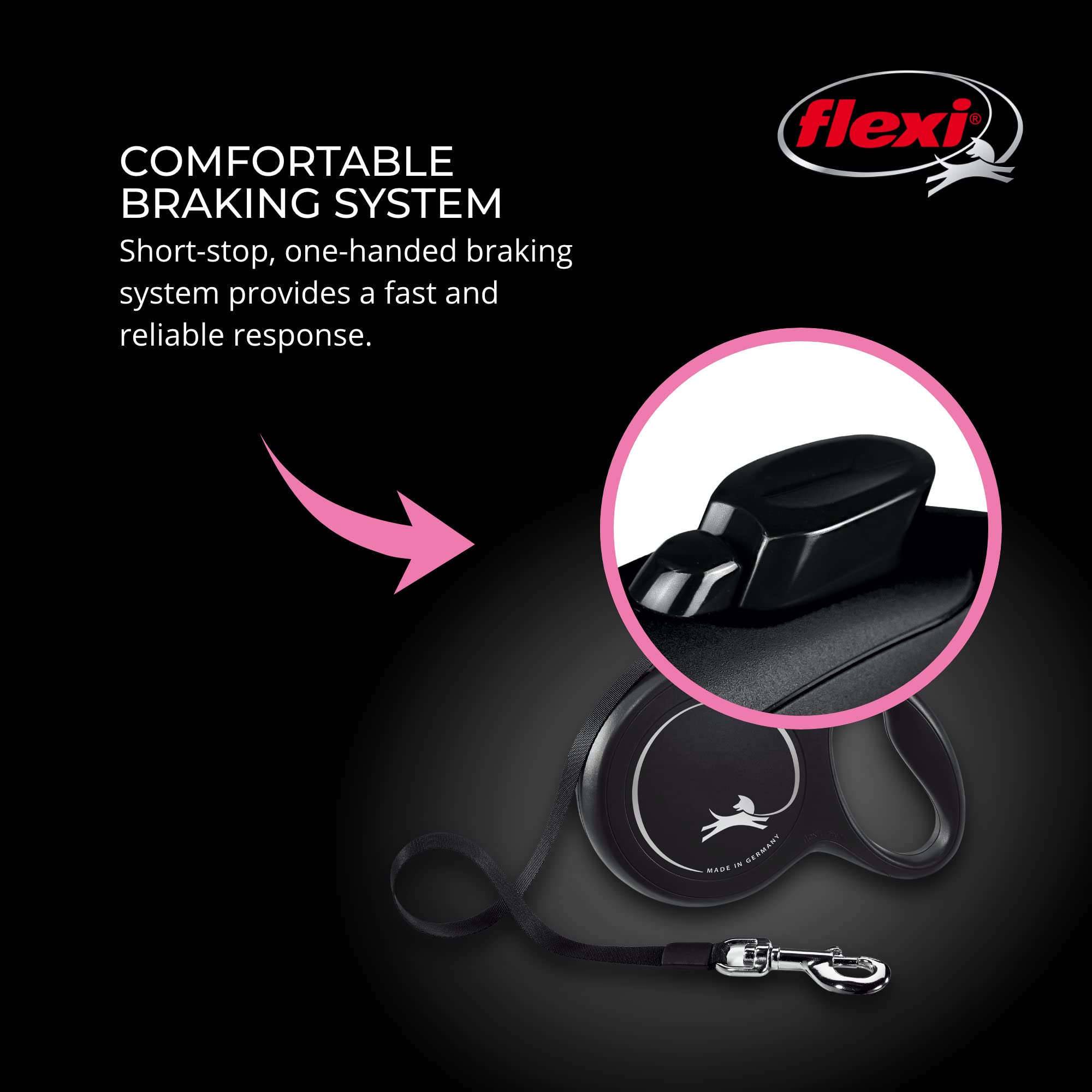 FLEXI Retractable Dog Leash for Large Dogs up to 110 lbs, 26 ft Nylon, Black - Model CL30T8.250.S, Tangle-Free with One-Handed Brake