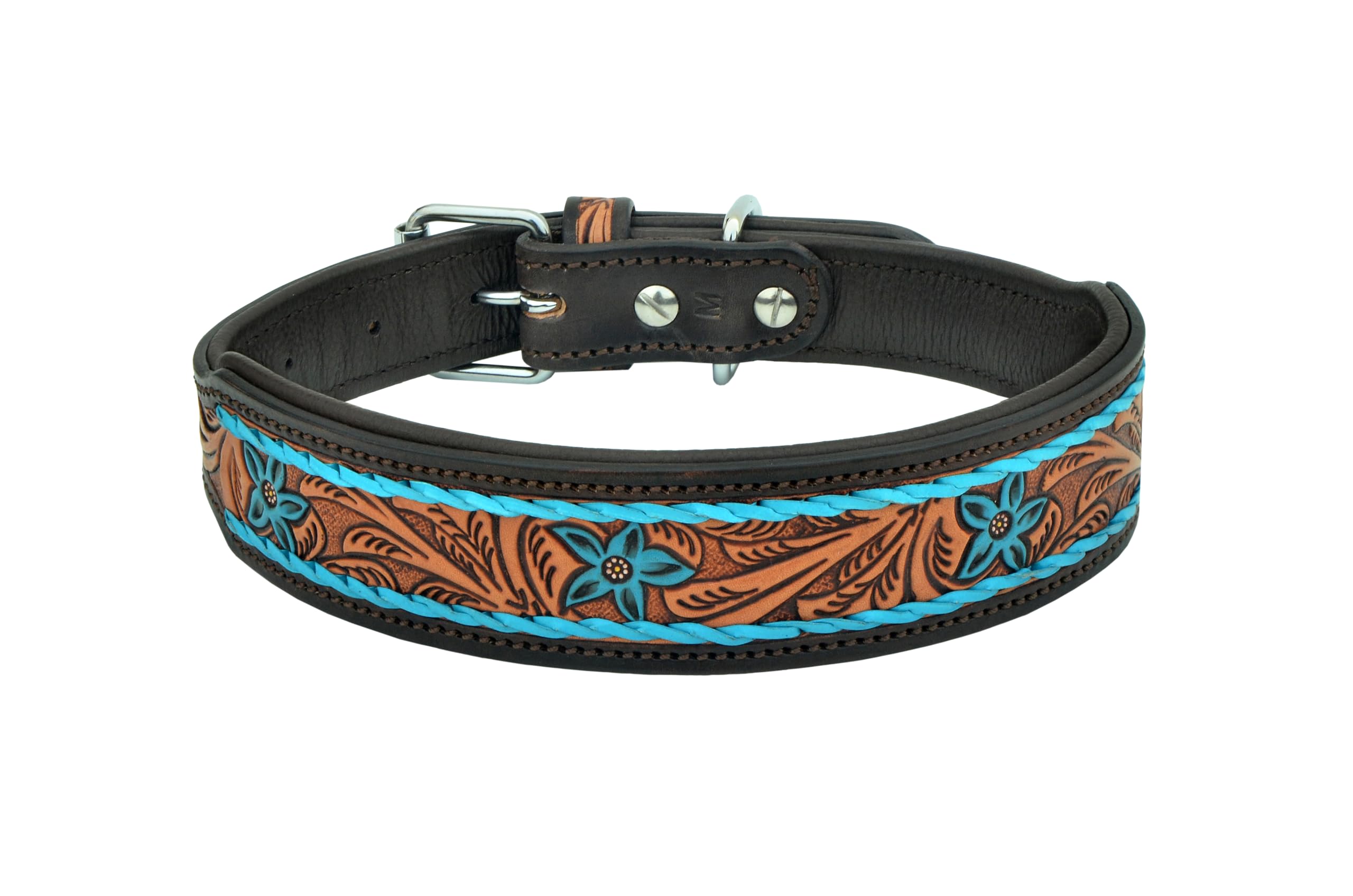 Leather Dog Collar Large Size Western Style Heavy Duty Hand Tooled Adjustable Padded Soft For Small Puppies And Big Dogs 10Ab139
