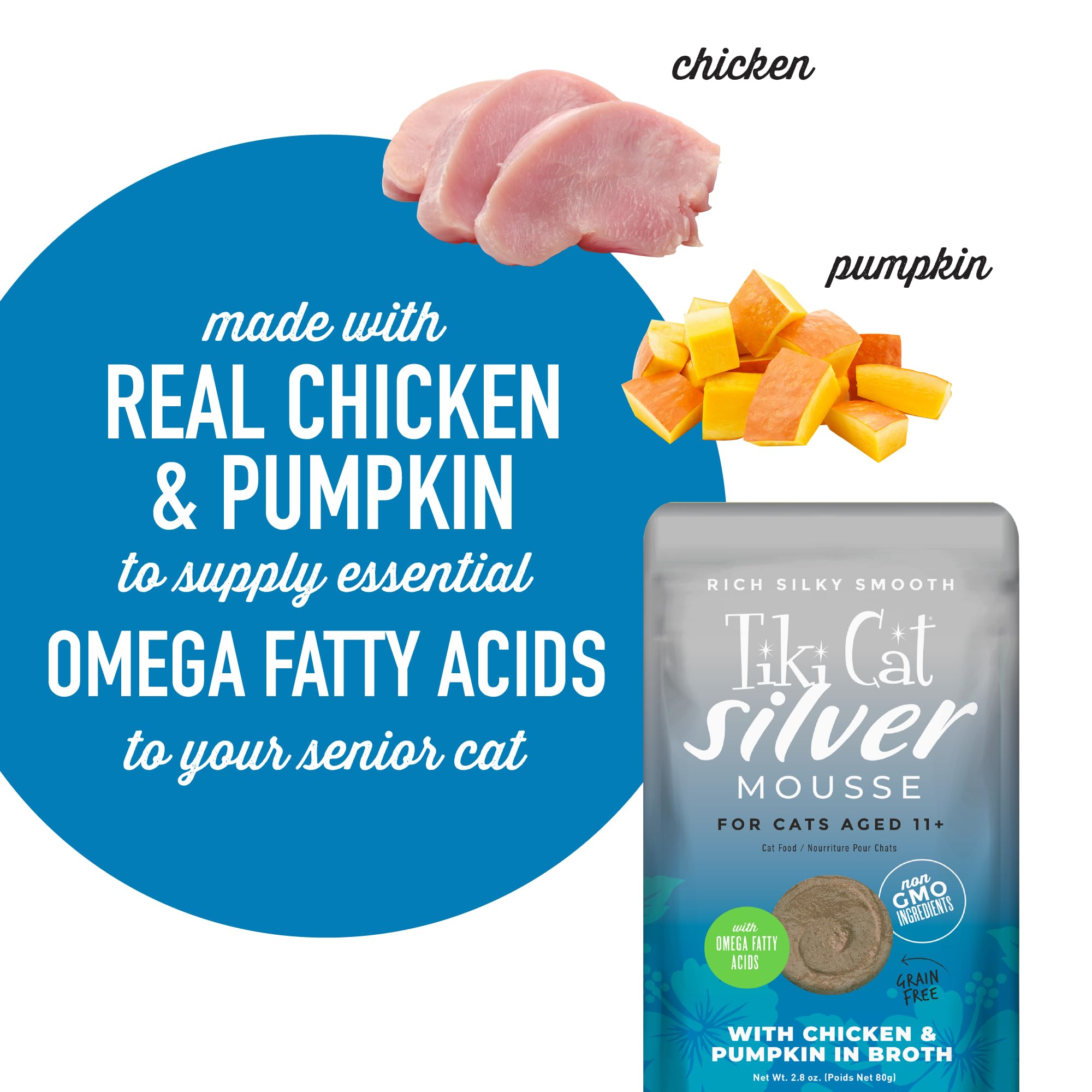 TIki Cat Silver Mousse, With Chicken & Pumpkin In Broth, Silky Smooth Nutrient Rich Formulated for Older Cats Aged 11+, 2.9 oz.