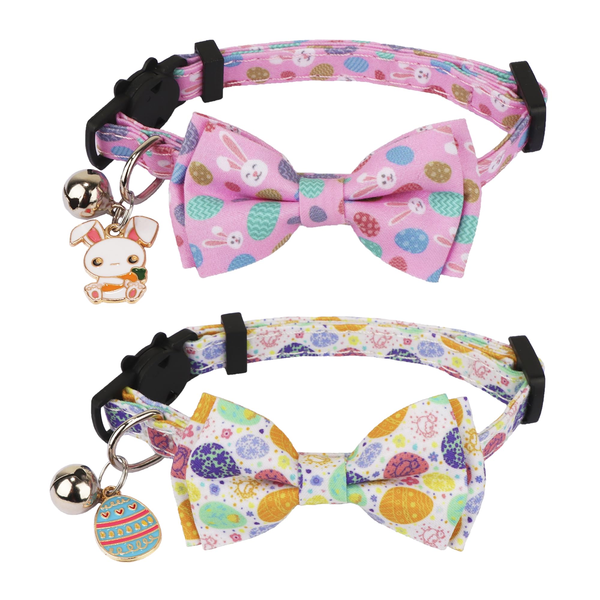 Adoggygo Easter Cat Collar Breakaway With Bow Tie Bell - 2 Pack Holiday Kitten Collar With Removable Bowtie, Cute White Pink Eas