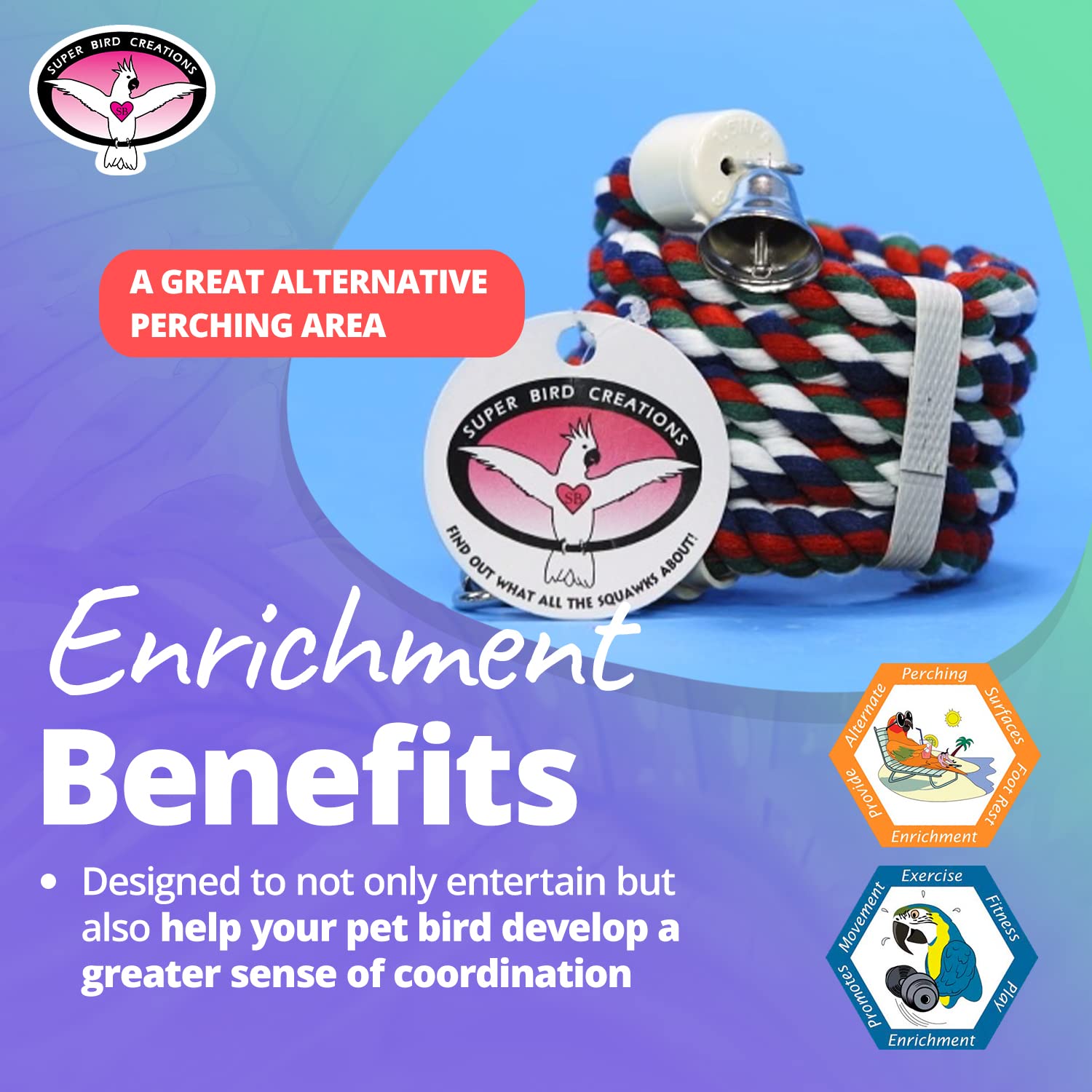 Super Bird Creations Sb323 Small Bungee Bird Toy - Rope Perch For Canary, Parakeets, Cockatiels, Finch, Lovebirds - Colorful Han