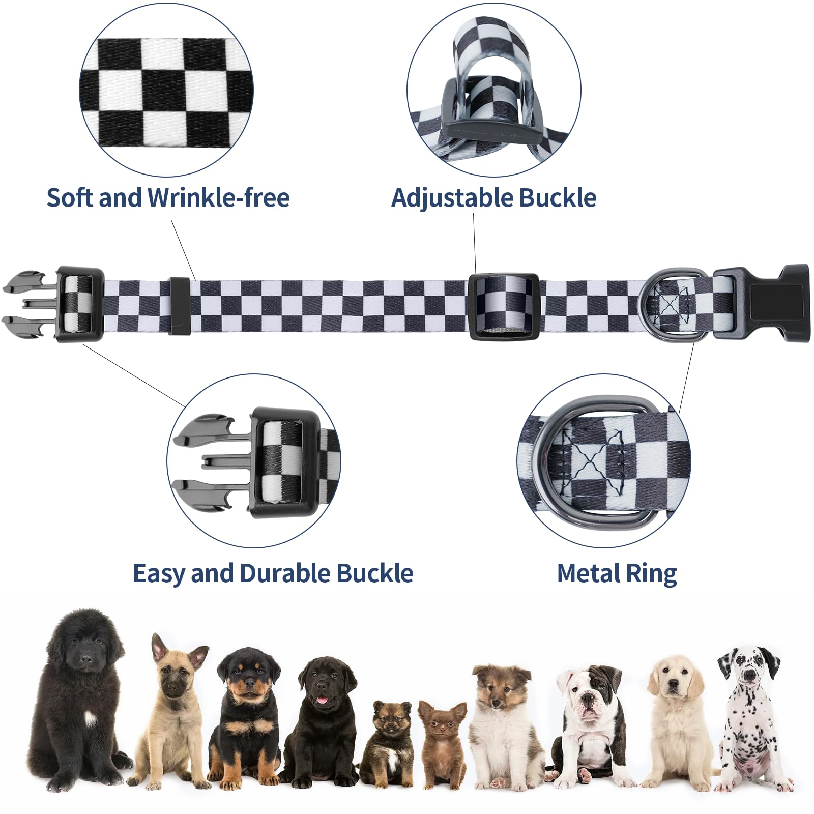 Dog Collar Adjustable Puppy Collar For Small Medium Large Dogs, Nylon Safety Collars With Leopard Print Night Visibility, Plaid