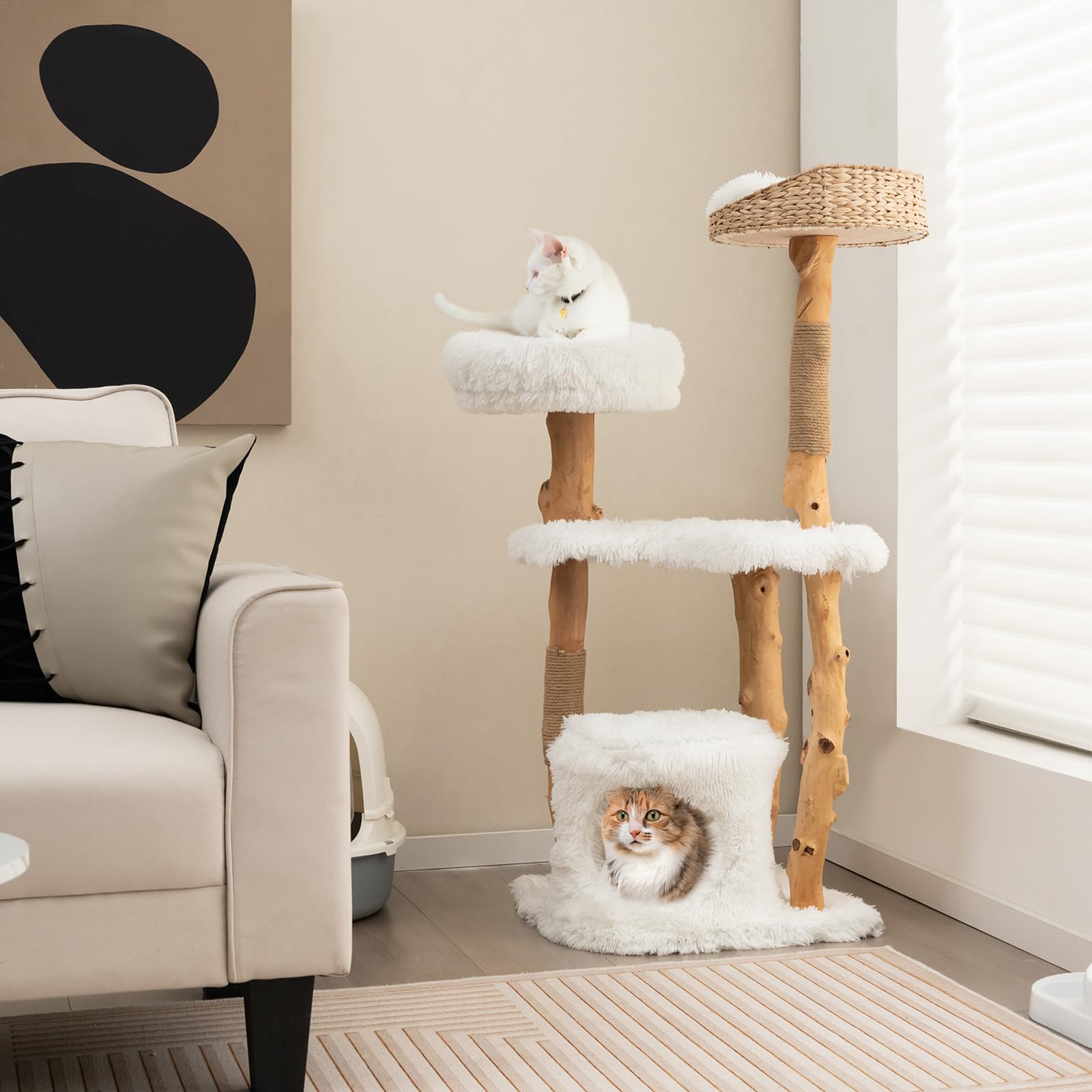 Petsite 49 Inch Cat Tree For Indoor Cats, Solid Wood Modern Multi-Level Cat Tower With Scratching Posts, Top Cattail Basket Cat Bed, Side Perch, Large Platform, And Cat Condo, Cute White Cat Tree