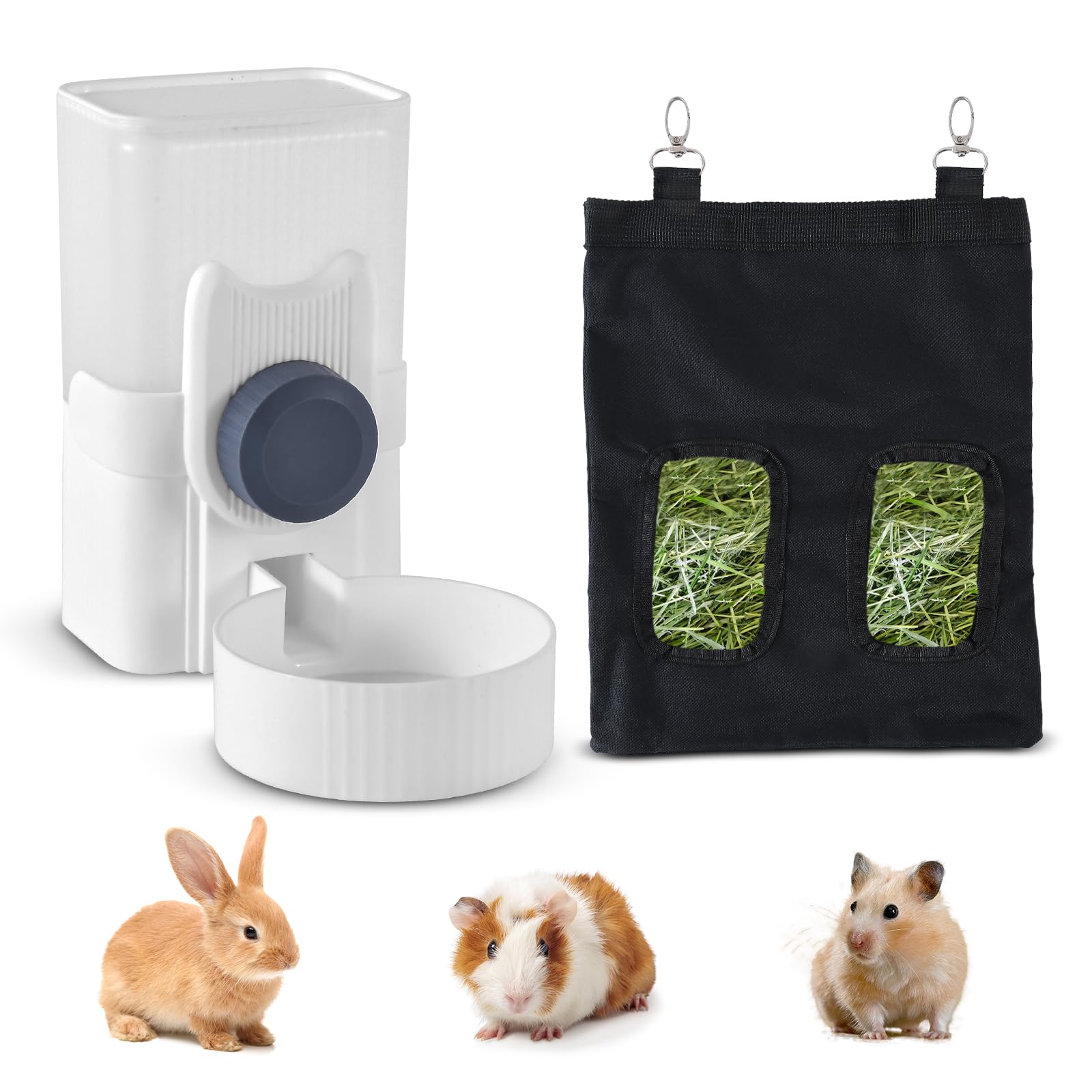 GLYVIAN Rabbit Water Bottle 33oz Hamster Water Bottle Hanging Guinea Pig Water Dispenser Include Hay Feeder Bag Set for Bunny Sm