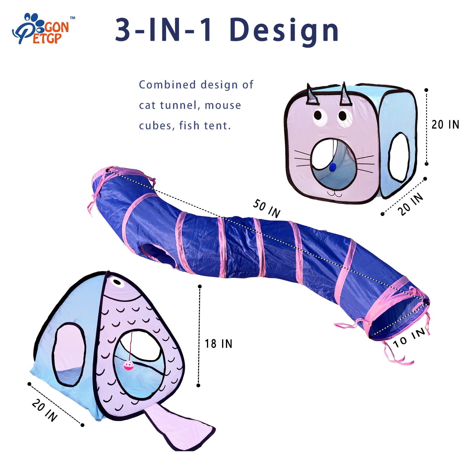 Gonpetgp Cat Tunnel For Indoor Cats With Cube Tent Toys Combo, Crinkle Paper Collapsible Interactive Pet Cat Tubes With Play Ball And Bell For Puppy, Kitty, Kitten, Rabbit (3 In 1 Set