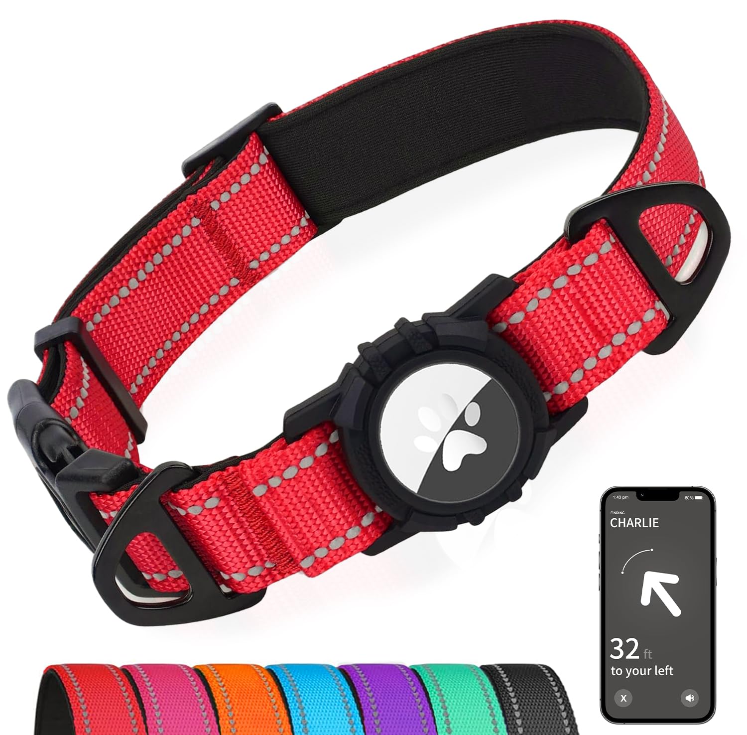 Joytale Airtag Dog Collar, Dual D-Rings, Reflective Pet Collar With Waterproof Airtag Holder, Soft Padded Adjustable For Medium 