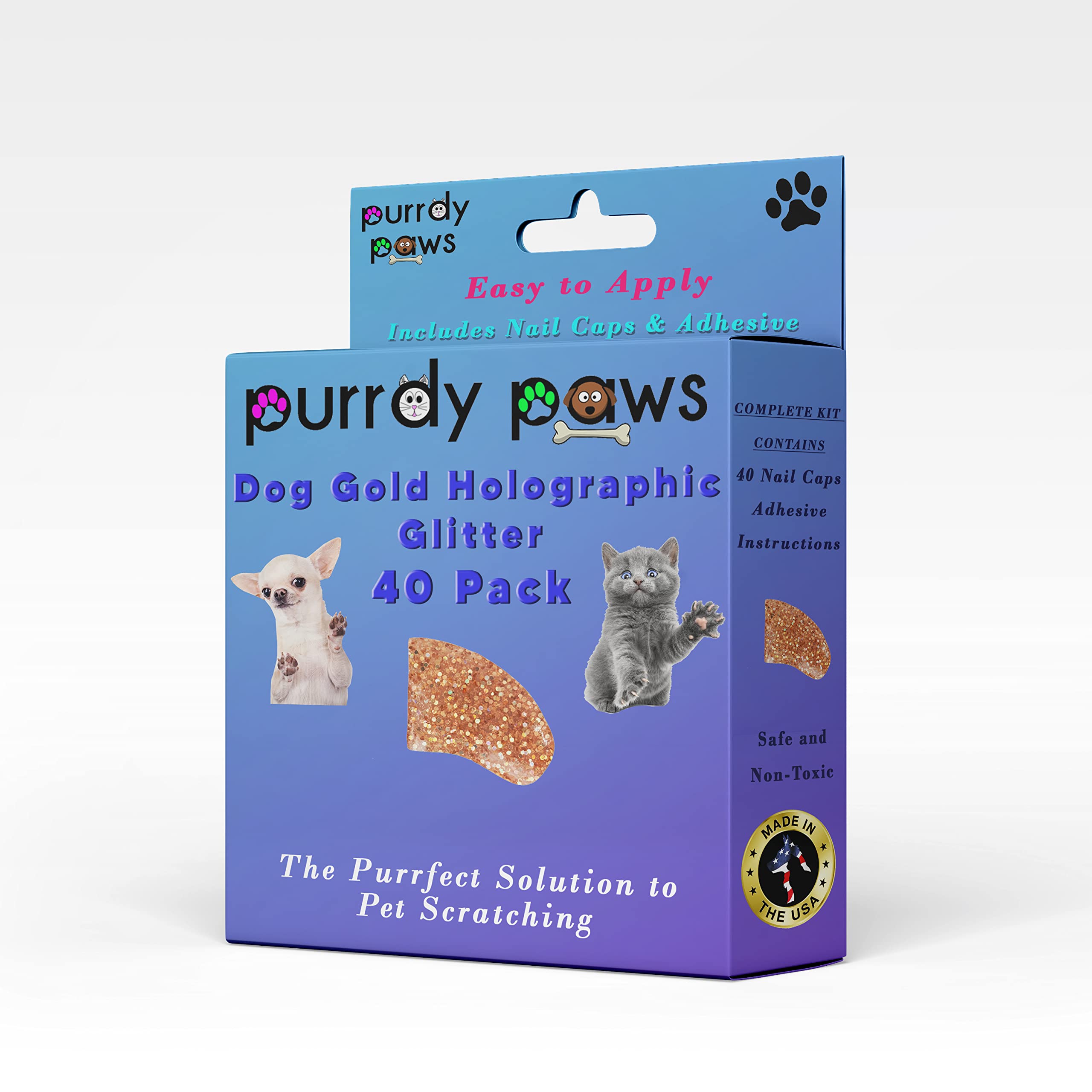 Purrdy Paws 40 Pack Soft Nail Caps For Dog Claws Gold Holographic Glitter X-Large