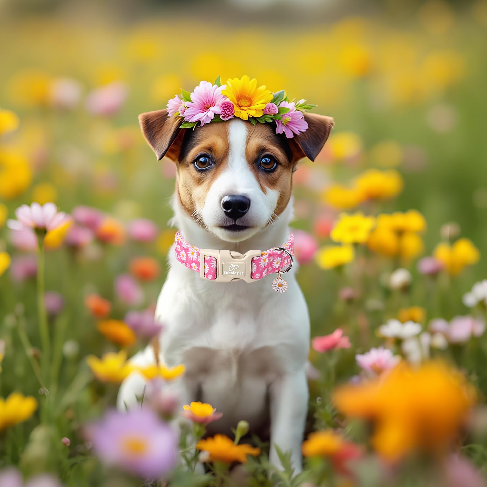 Babole Pet Summer Daisy Dog Collar, Cute Floral Adjustable Pink Dog Collars For Giant Large Dogs, Lightweight Quick-Release Buck
