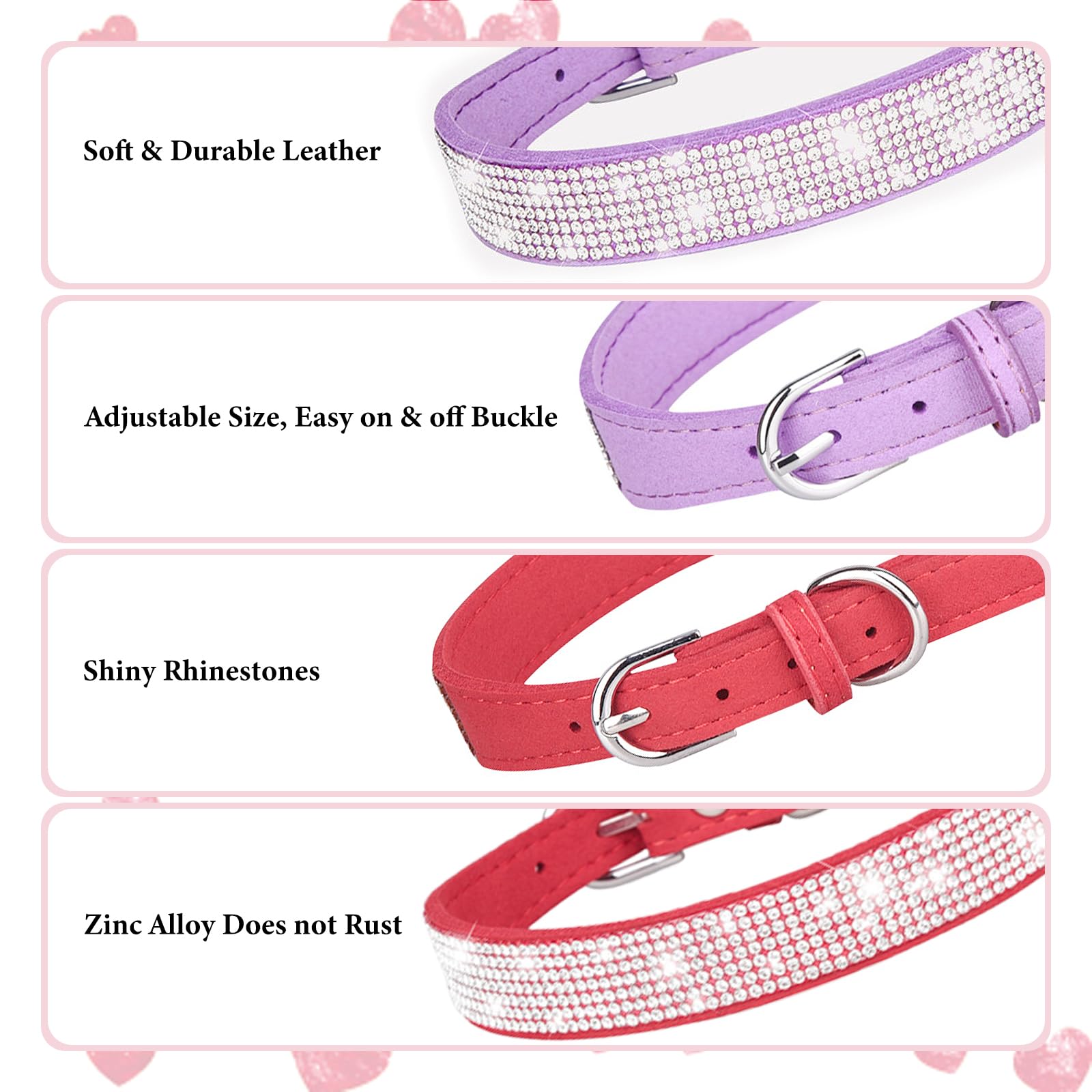 Sparkle Dog Collar Xs, 2-Pack Pink+Purple Bling Diamond Cat Collar Soft Suede Glitter Rhinestone Jewelry Crystal Female Puppy Co