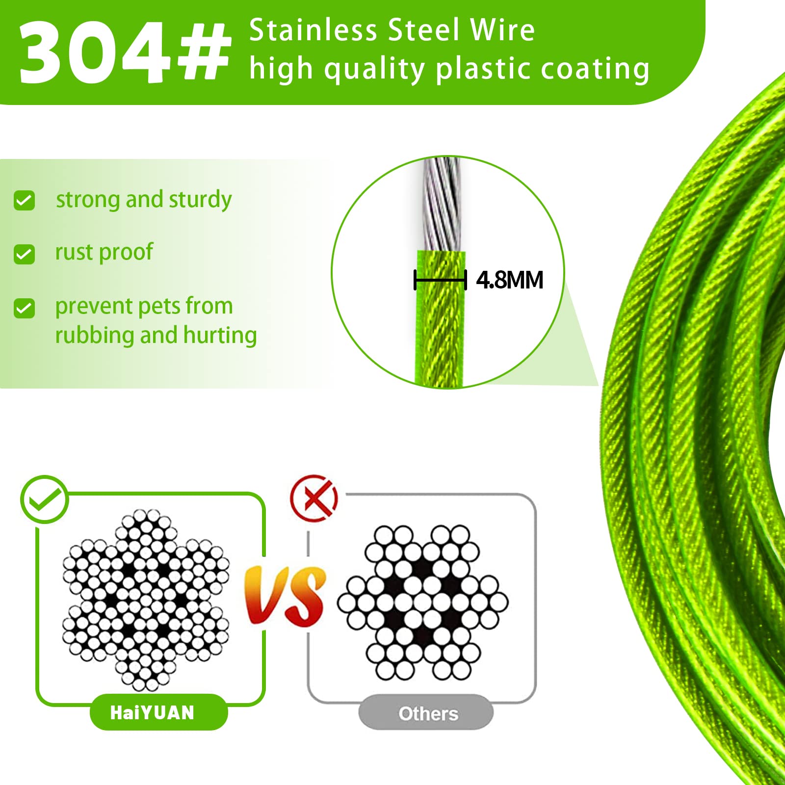 HaiYUAN Dog Tie Out Cable, 15FT Steel Wire Runner for Large Dogs Up to 165 lbs, Durable Clips, Green