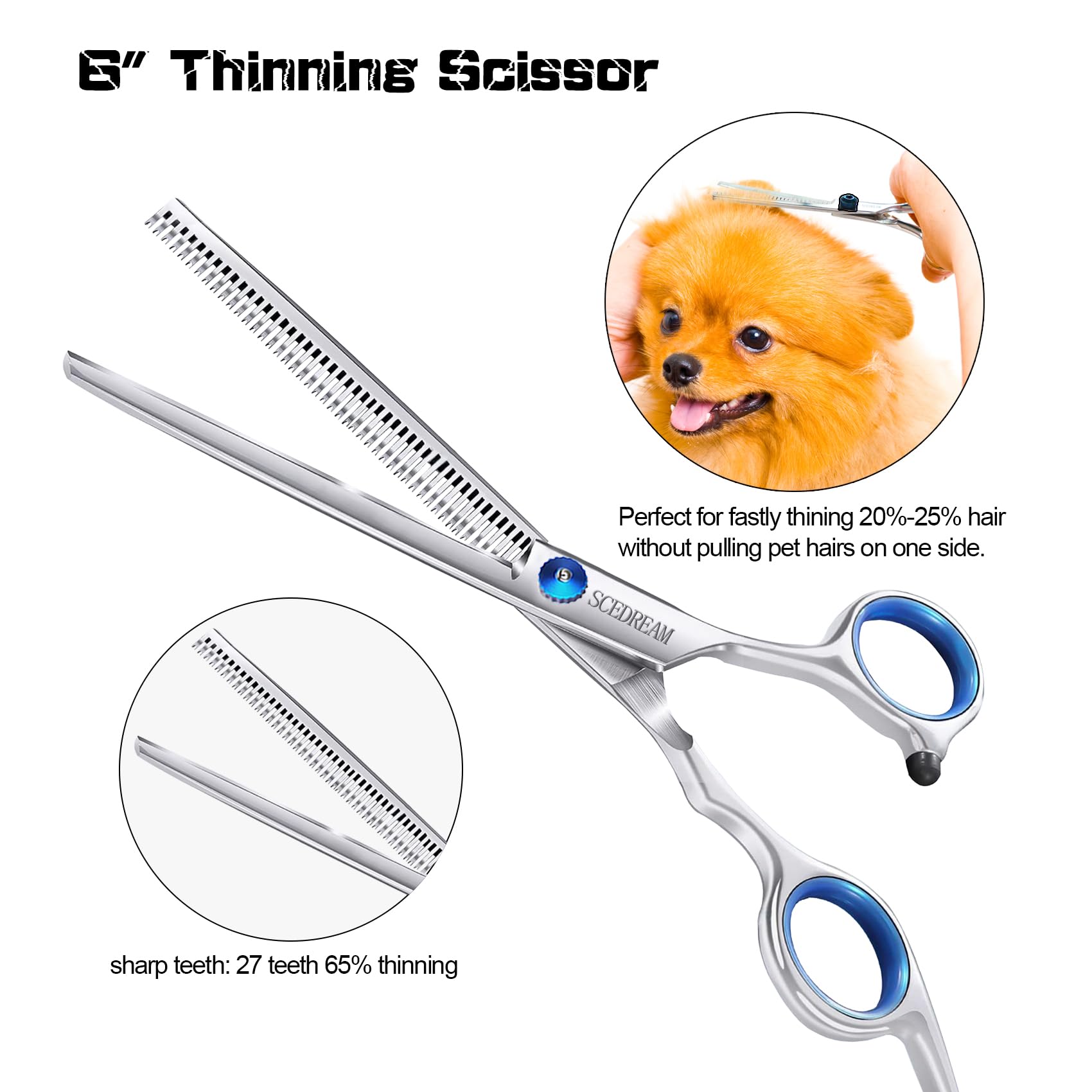 Scedream 3 In 1 Dog Grooming Scissors Kit With Safety Round Tips - Professional Pet Grooming Shears, 4Cr Stainless Steel, Blue