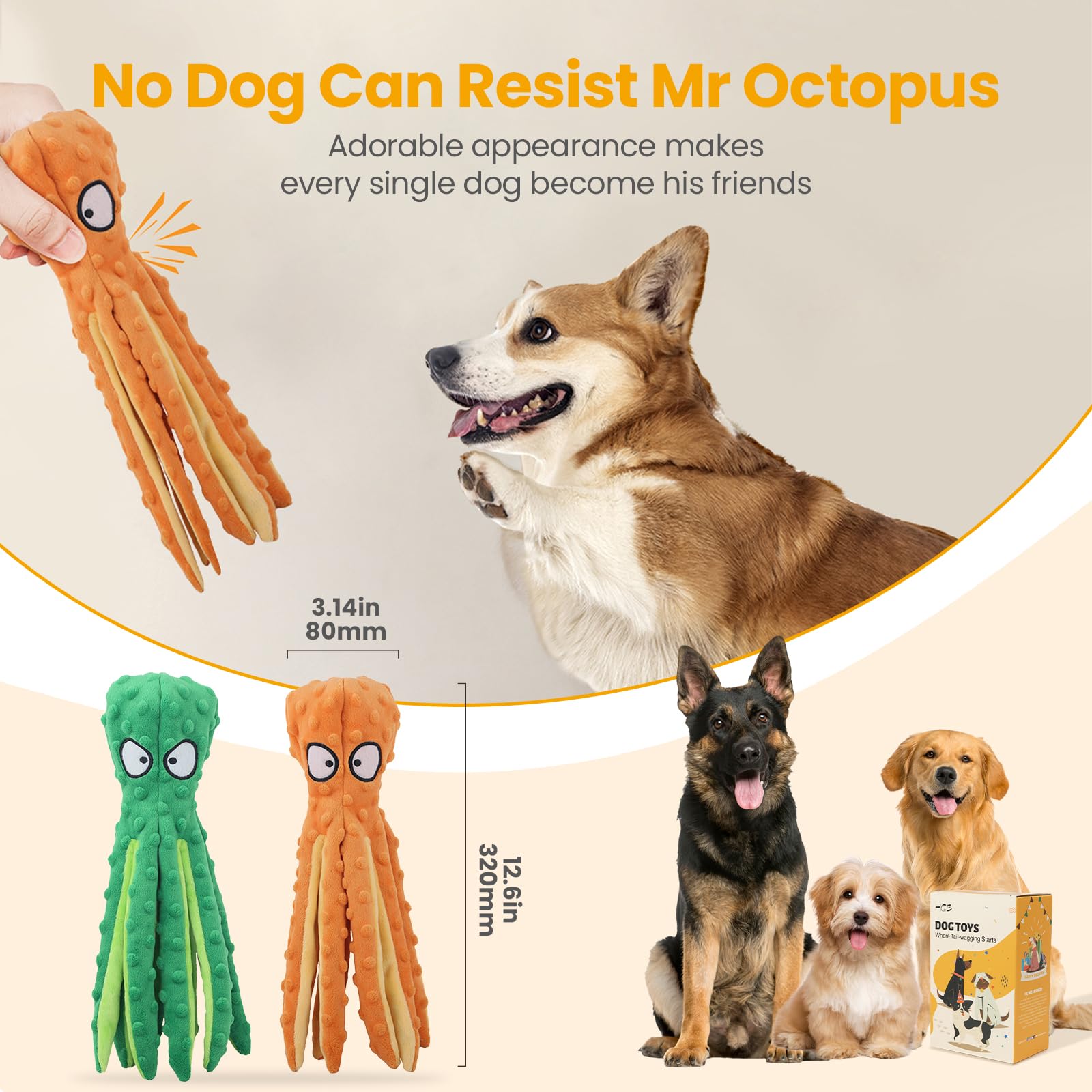 Hgb Squeaky Dog Toys - Octopus No Stuffing Crinkle Plush Large Dog Toys To Keep Them Busy For Puppy Teething Chewing, Pet Suppli