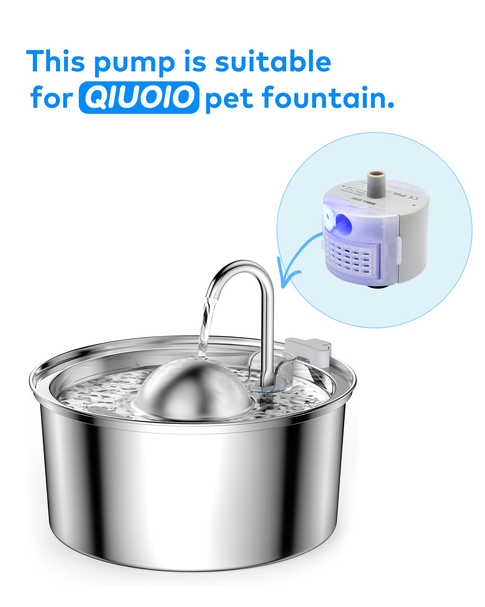 New Upgrade Water Pump For Cat Water Fountain, Qiuoio Water Pump For Stainless Steel Cat Fountains, Extremely Quiet (=30Db), Low Power Consumption (1.5W), Built-In Led Light, Suitable For S3