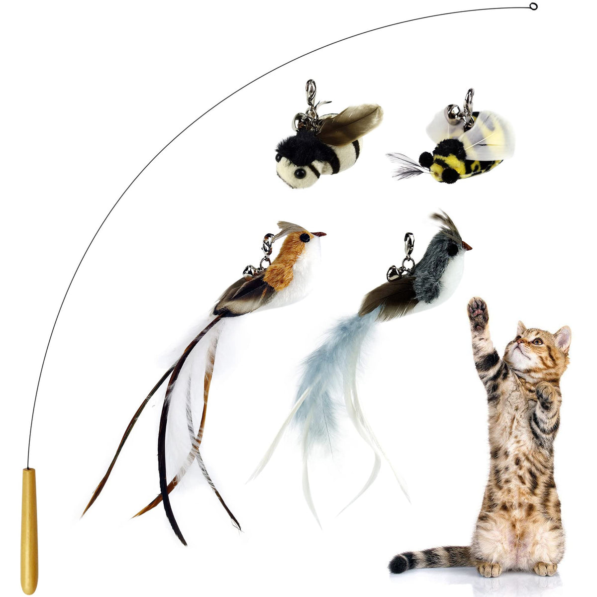 Ttcat Interactive Bird And Insect Simulation Cat Toy Set With 4 Feather Refills, 29'' Flexible Steel Wire, Sturdy Wood Handle & 