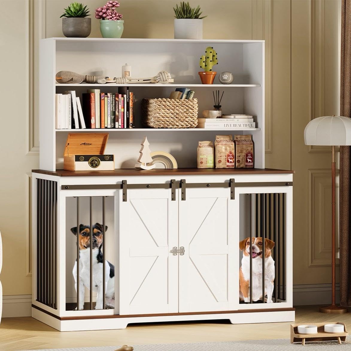 Dog Crate Furniture for 2 Dogs with Storage Shelves, 48 L x 23 W x 63 H Wooden Dog Crate with Double Doors, Heavy Sturdy Dog Ken