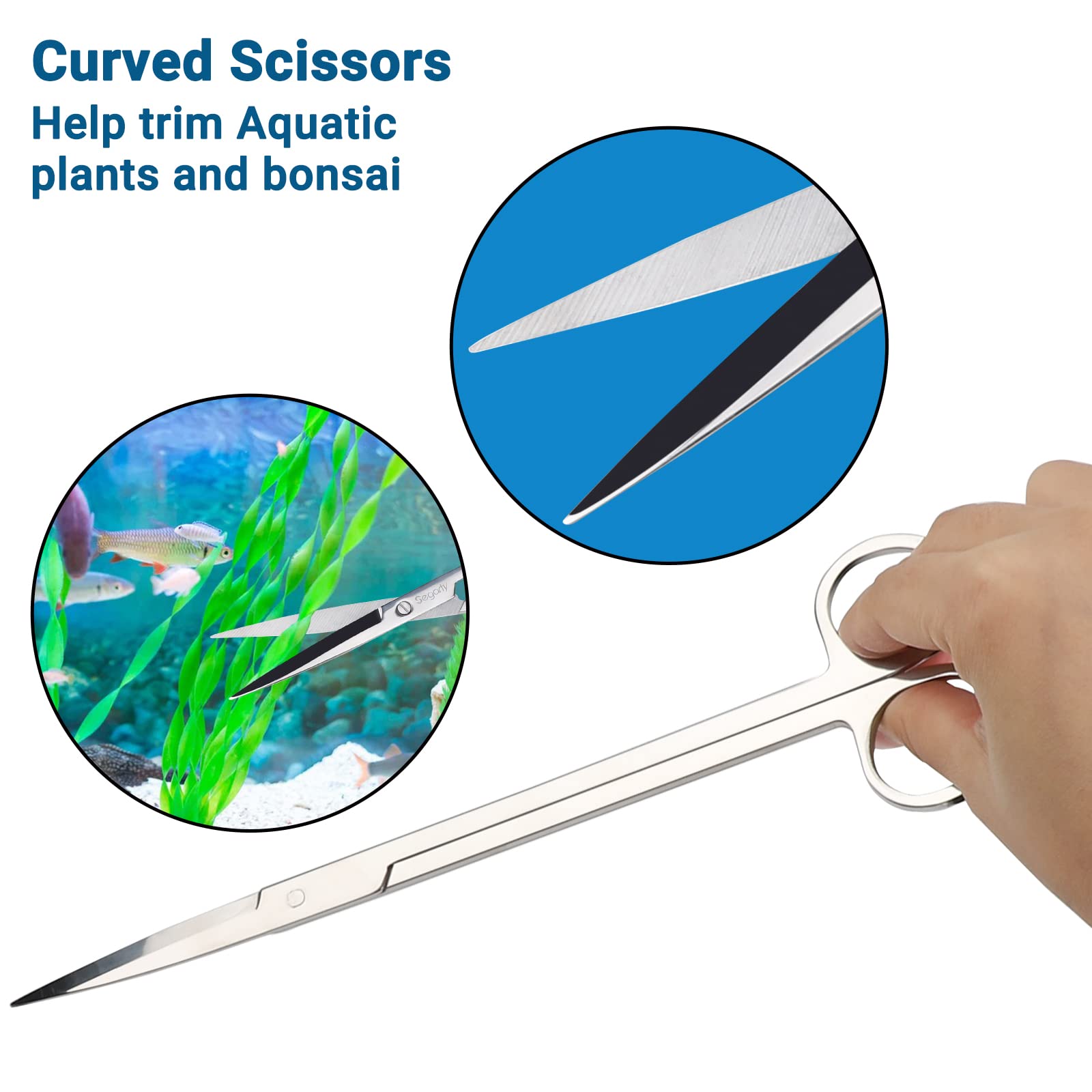 Segarty 6-in-1 Stainless Steel Aquascaping Tools Kit - Silver Plant Scissors, Tweezers, Scrapers for Fish Tank Care
