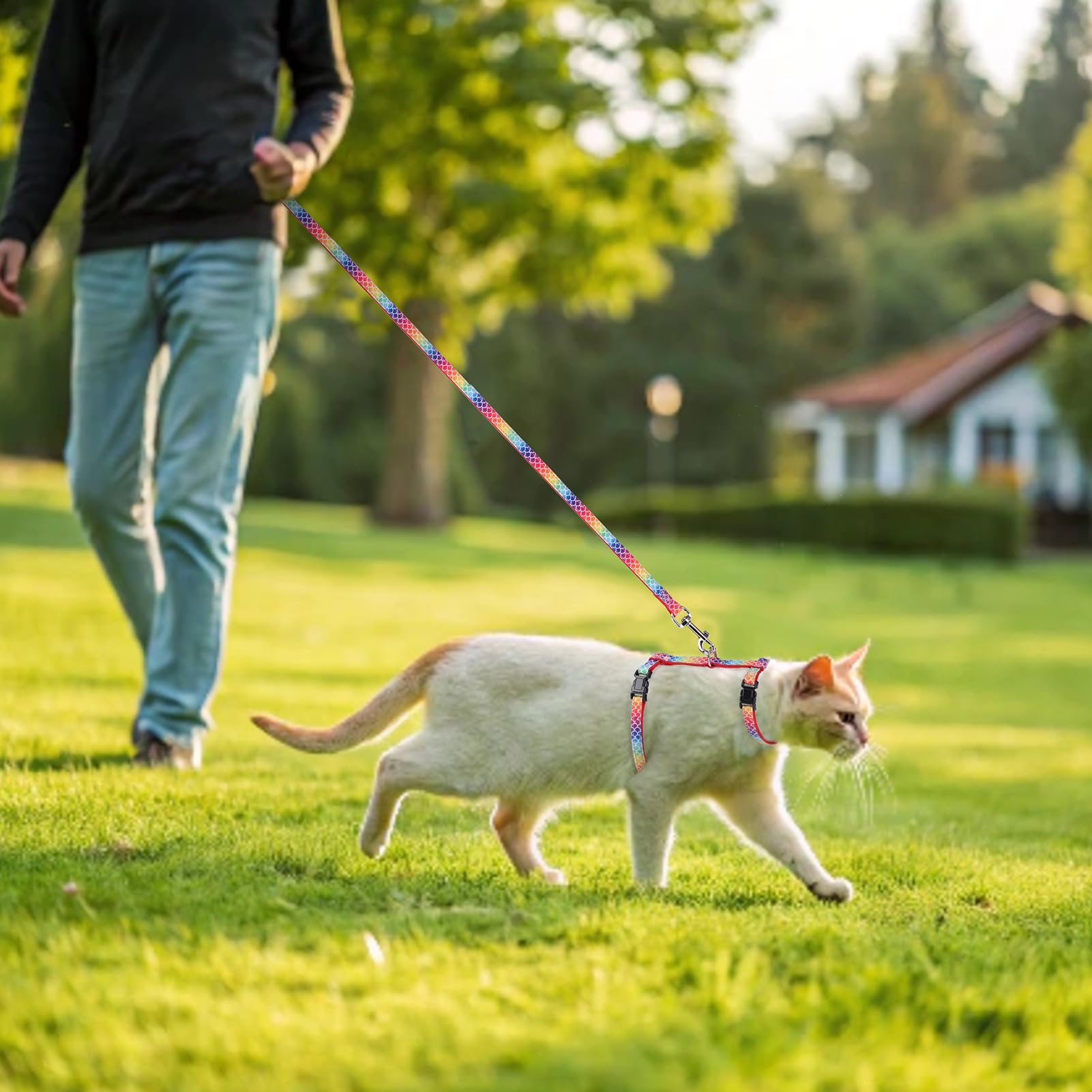 Pawchie Cat Harness With Leash And Collar Set - Escape Proof Adjustable Glow In The Dark Cat Harness For Kitty Outdoor Walking Multicolor