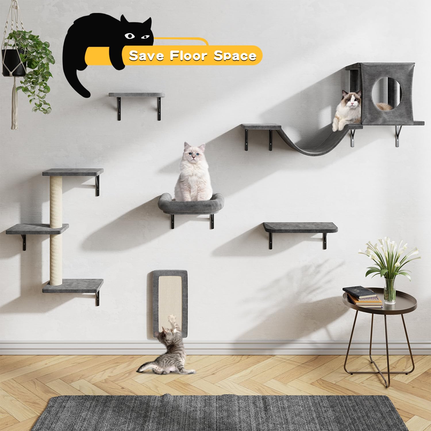 Nunu Lab Wall Mounted Cat Climber Set, 6 Pcs Cat Furniture Set With House, Tunnel, Bridge, Steps, Scratcher Board And Hammock, S