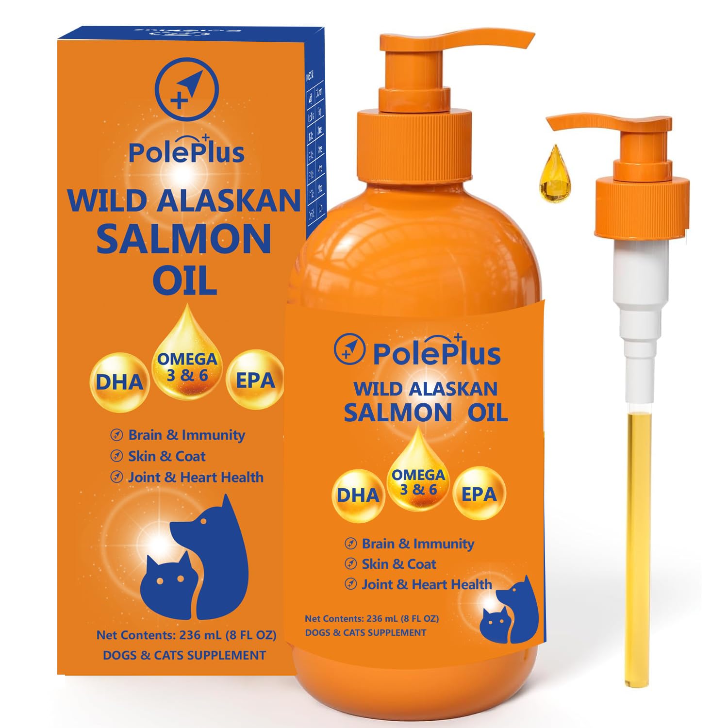 PolePlus Wild Alaskan Salmon Oil Omega-3 & 6 Supplement with EPA DHA for Dogs & Cats, Supports Healthy Skin, Shiny Coat, Joint M