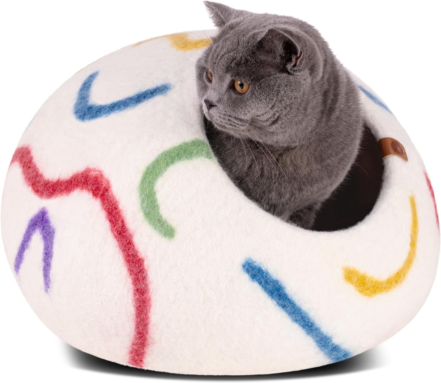 Meowfia Cat Cave - Premium Felt Cat Bed For Indoor Cats, Handmade 100% Merino Wool (Vivid Shades) (Large, Ivory Rainbow)