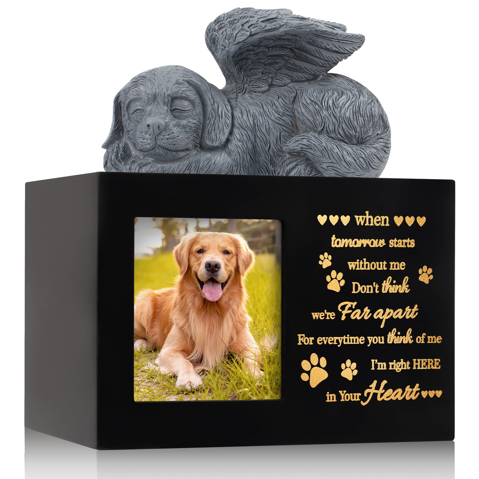 Lpreutwn Pet Urns For Ashes, Large Wooden Pet Urns For Dog Or Cat Ashes With Dog Angel, Memorial Keepsake Memory Box With Photo 