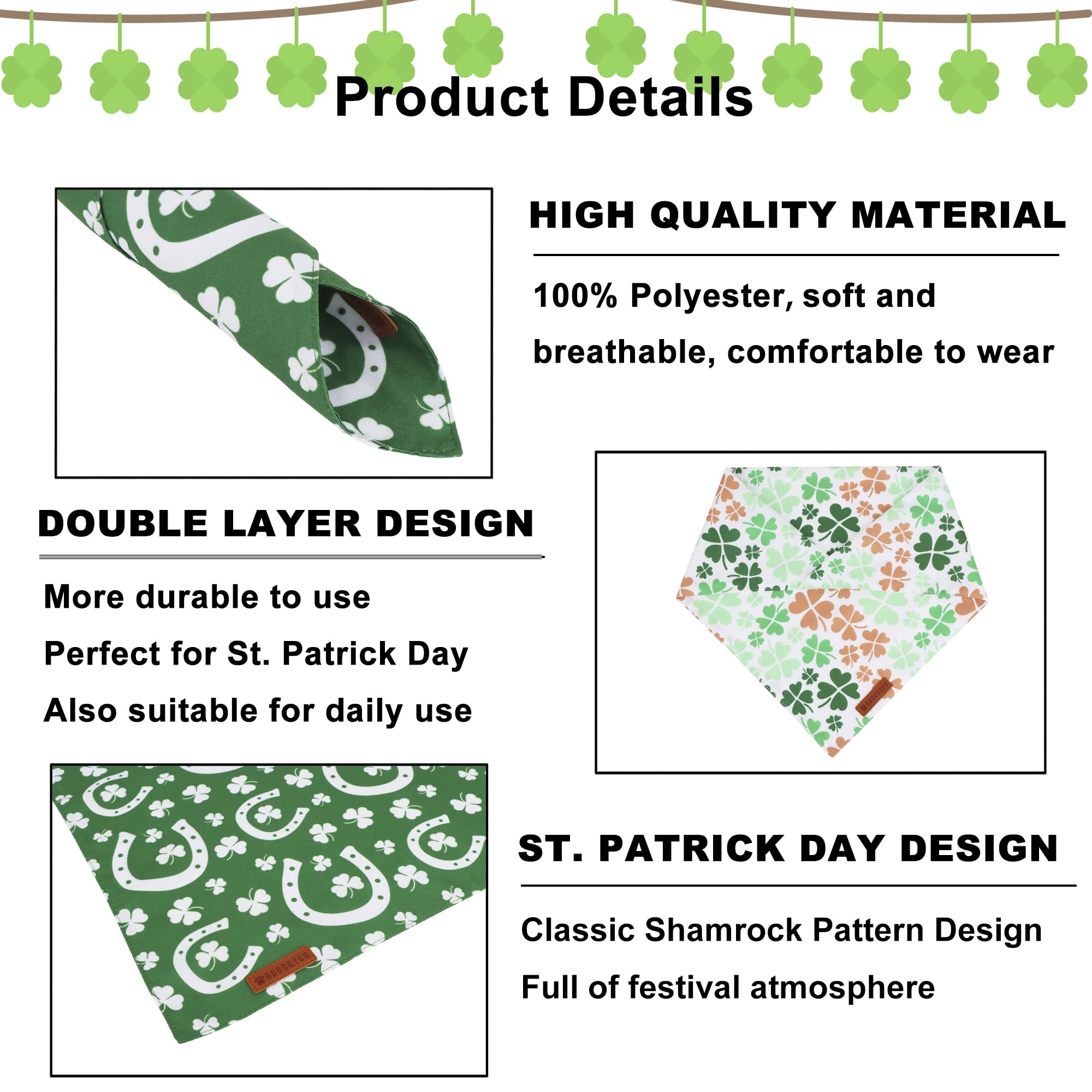 ADOGGYGO St. Patrick 's Day Dog Bandana, Green Shamrock Scarf, Multi Size Offered, Saint Patrick Day Bandanas for Medium Large D
