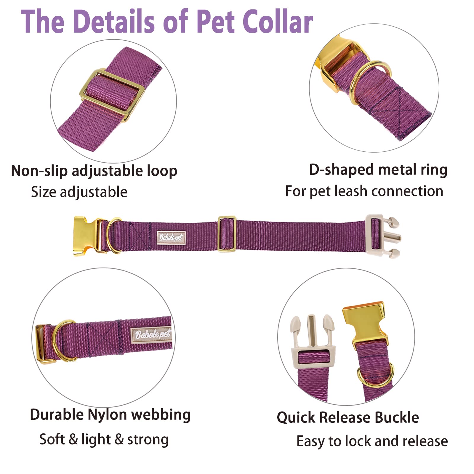 Babole Pet Nylon Dog Collar - Adjustable Deep Purple Soft Webbing Dog Collars For Small Medium Large Dogs Boy Girl Puppy Collar
