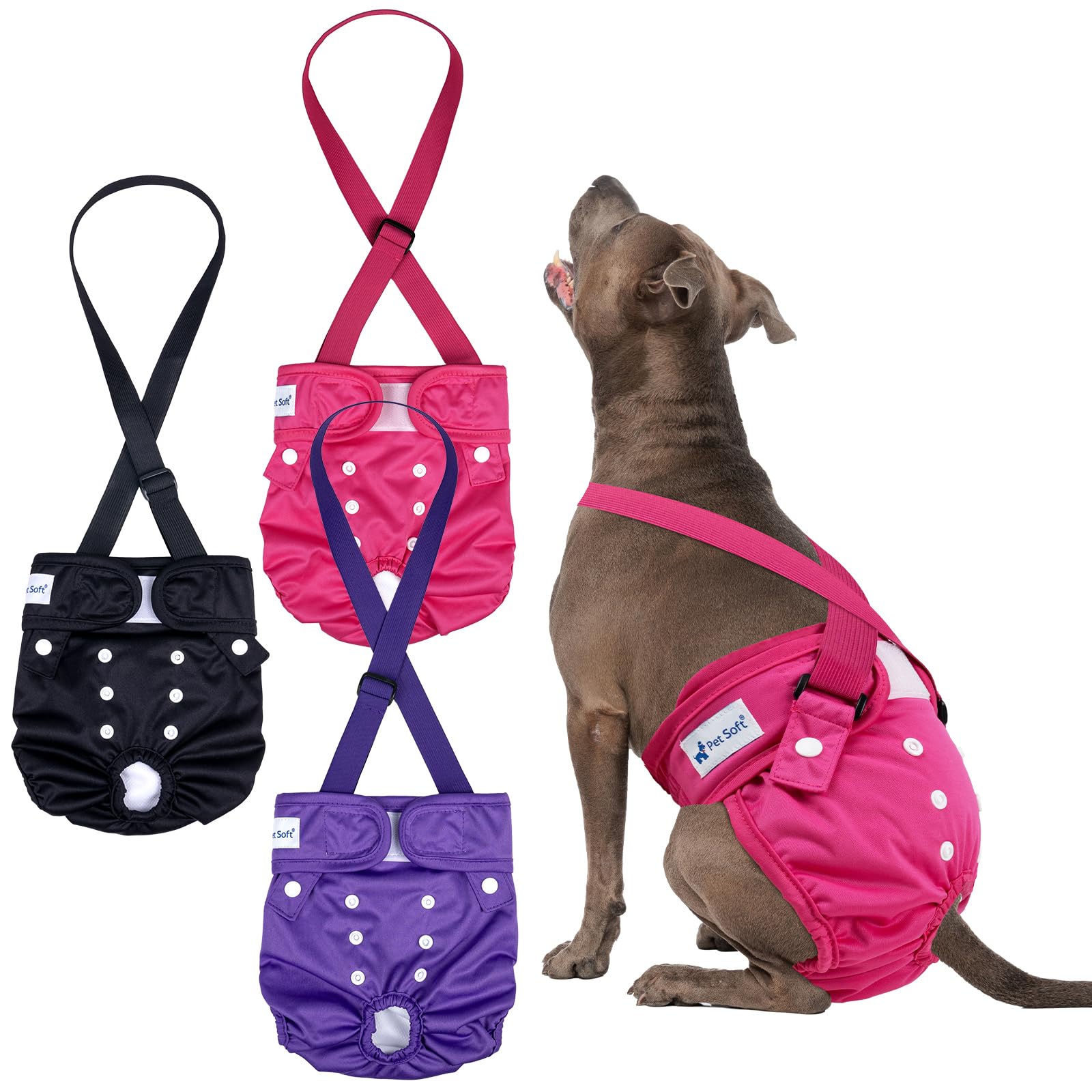 Pet Soft Washable Female Dog Diapers With Adjustable Suspenders (3 Pack) Escape-Proof & Super Absorb Reusable Diapers For Heat, 