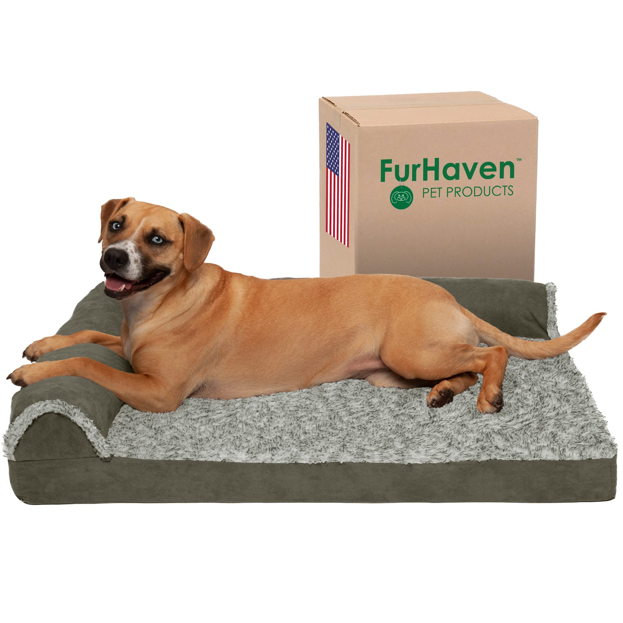 Furhaven Cooling Gel Dog Bed For Large/Medium Dogs W/ Removable Bolsters & Washable Cover, For Dogs Up To 55 Lbs - Two-Tone Plus