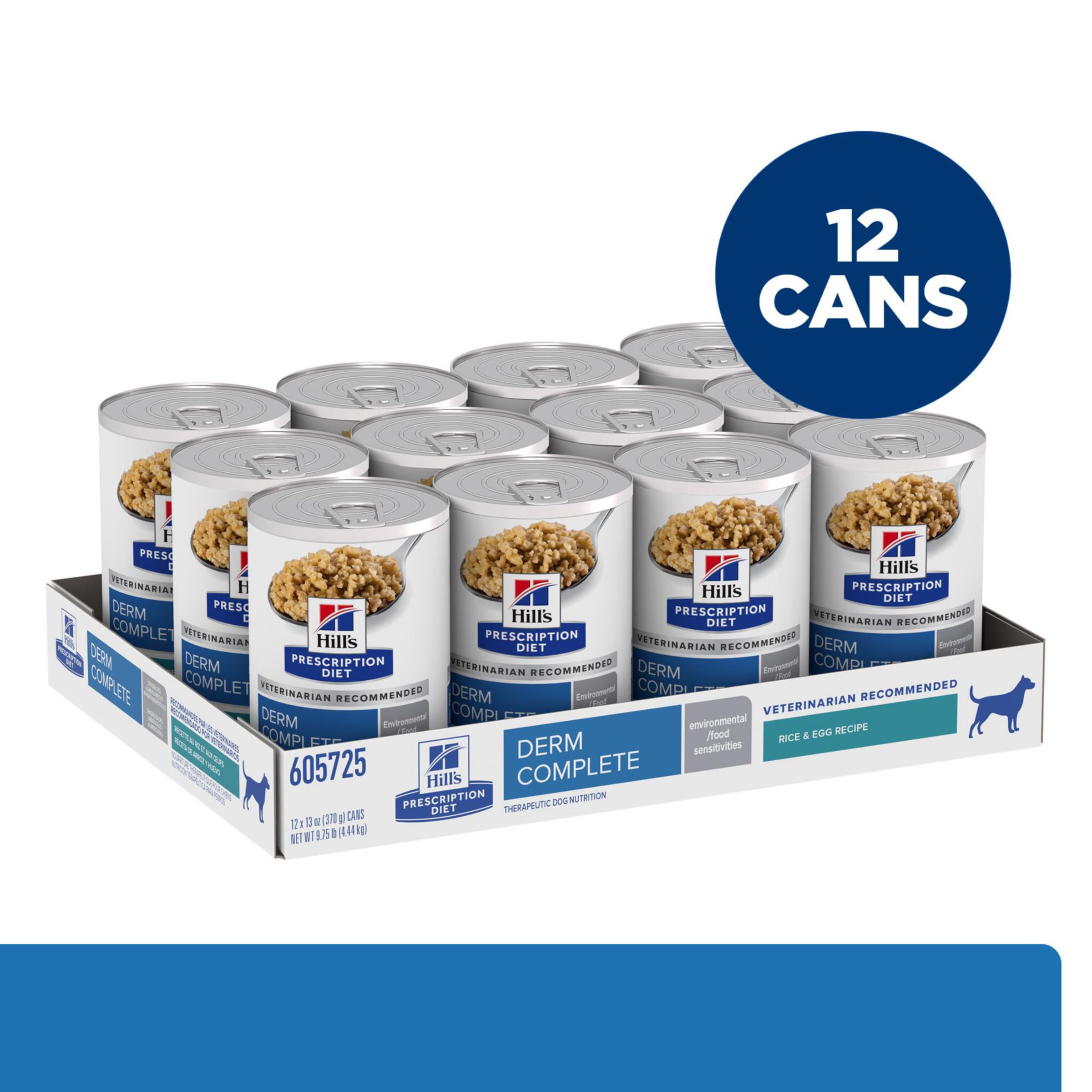 Hills Prescription Diet Derm Complete Rice & Egg Recipe Wet Dog Food, Veterinary Diet, 13 oz. Cans, 12-Pack