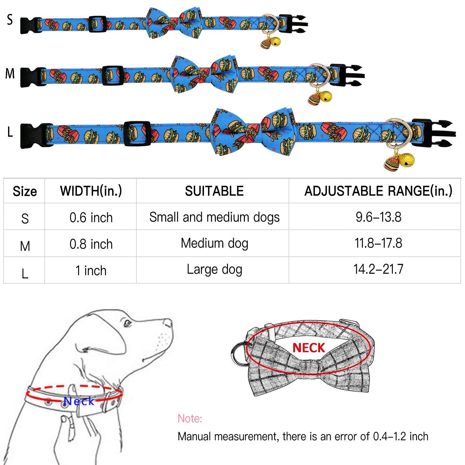 Kudes 2 Pack Print Dog Collars With Bow Tie, Adjustable Dog Collar With Bells And Charm Safety Buckle Cute Pet Collars For Small/Medium/Large Dogs And Cats Boys Girls (Hamburger+Sushi, S(10'-14'))