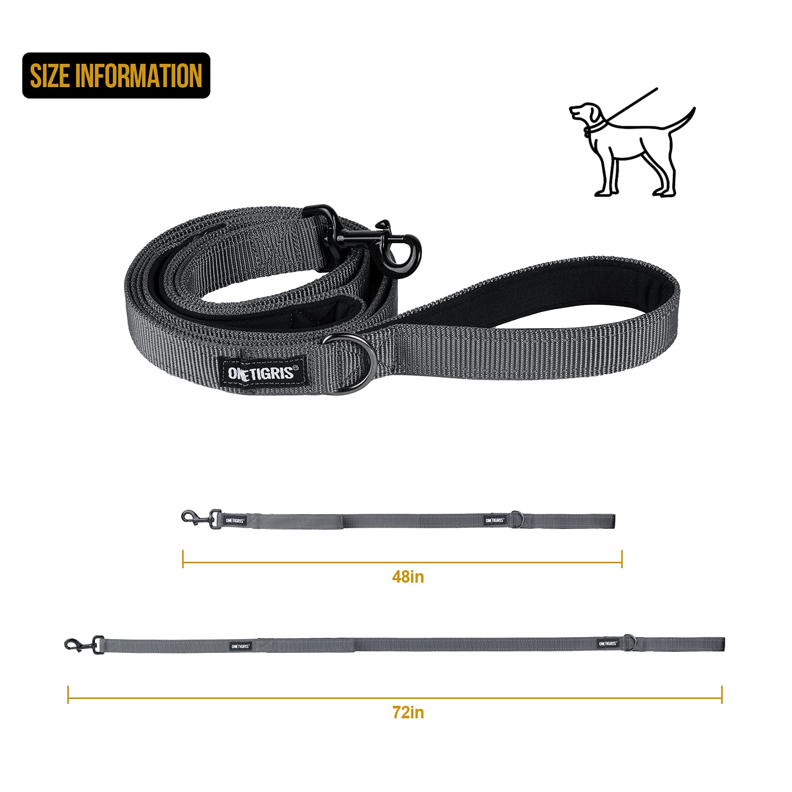 Onetigris Handled No-Pull Dog Walking Leash Long Traffic Leads For Medium To Large Dogs (Grey, 6Ft)