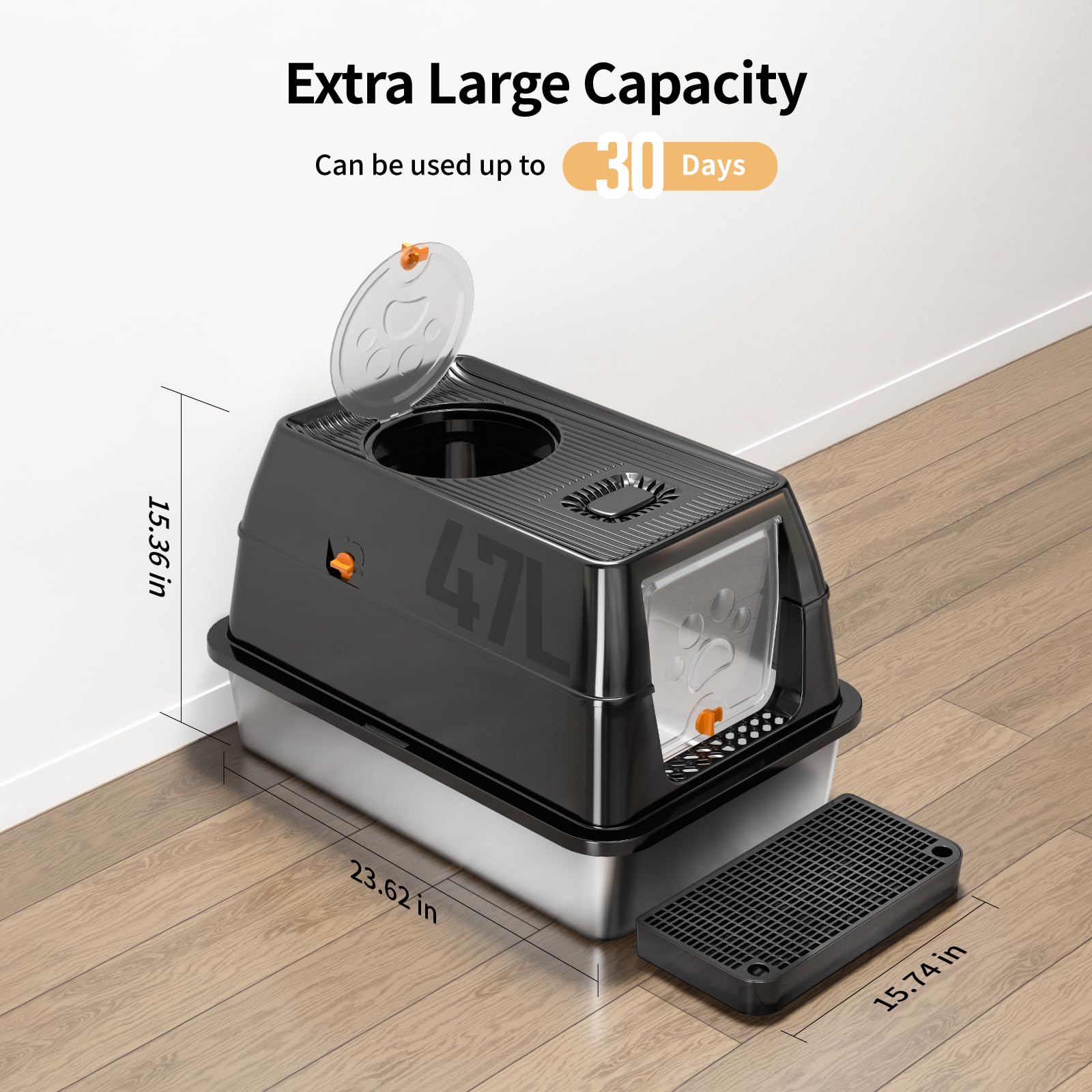 Eosarcu XL Stainless Steel Cat Litter Box with Lid, Extra Large Enclosed Litter Box for Big Cats, High Sided Metal Litter Box wi