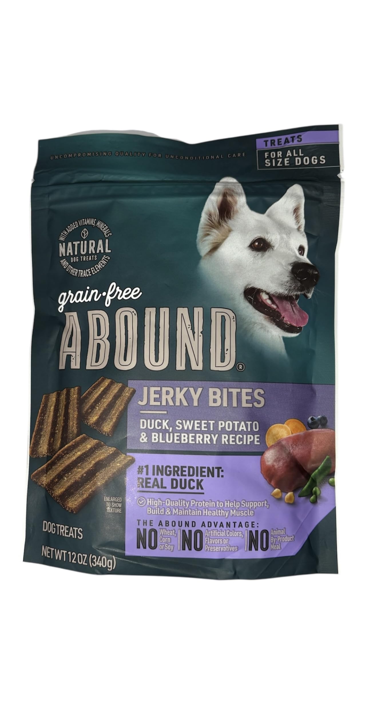 Abound Grain Free Natural Duck, Sweet Potato & Blueberry, Jerky Bites Dogs Treats 12oz