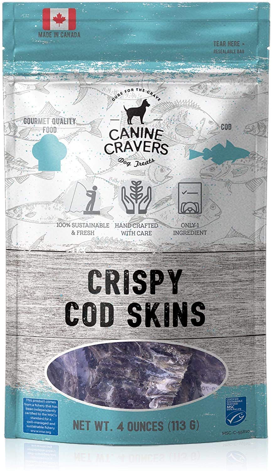 Canine Cravers Single Ingredient Dog Treats - Wild Caught Crispy Cod Skins - Human Grade Air Dried Hypoallergenic Pet Food - Gra
