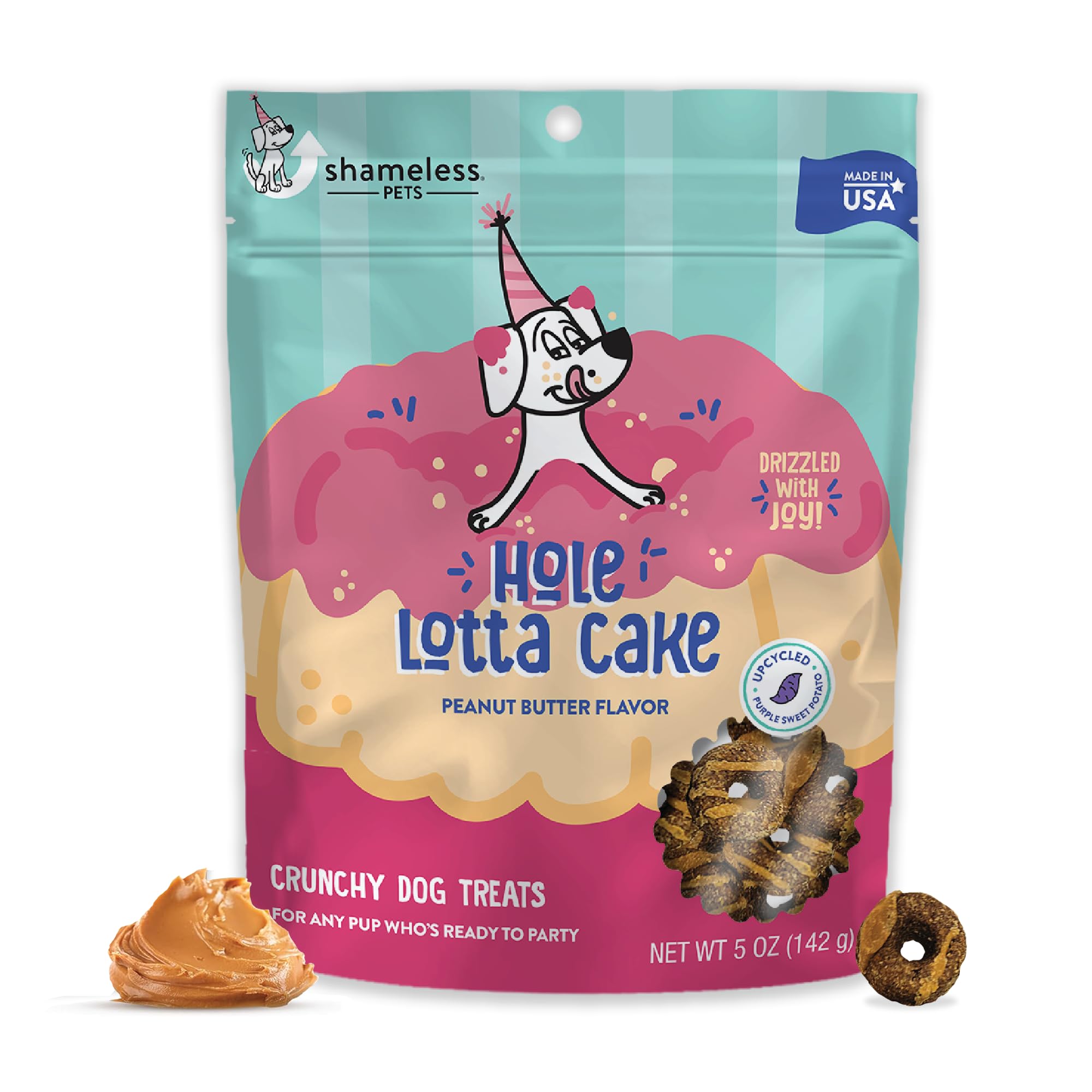 Shameless Pets Crunchy Dog Treats - Hole Lotta Cake Peanut Butter Birthday Snacks for Small, Medium & Large Dogs, Corn and Soy F