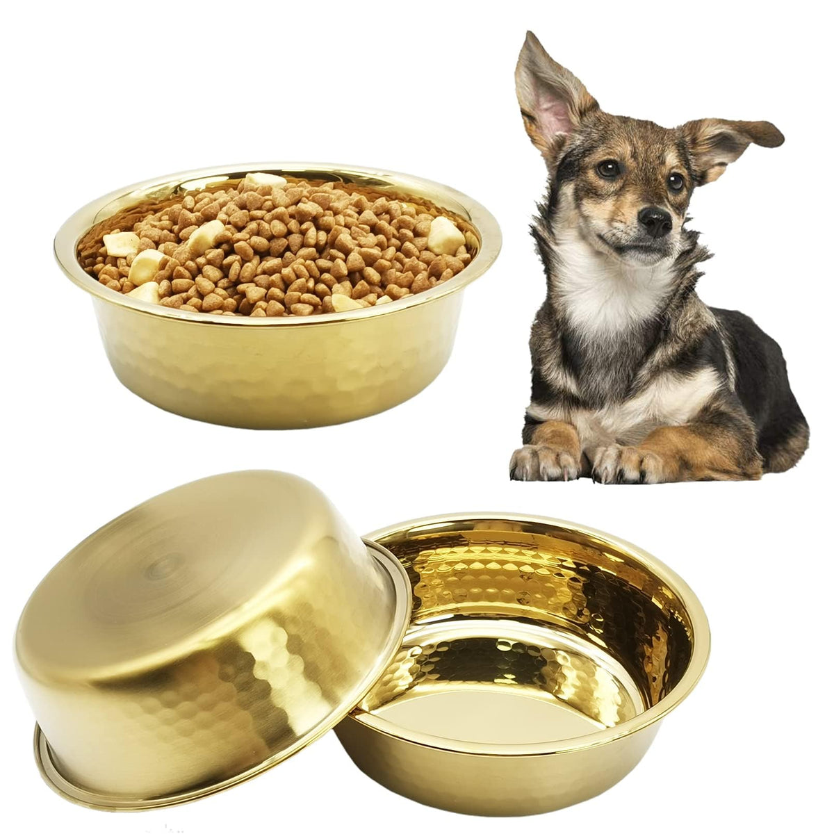 Kathson 3Pcs Premium Stainless Steel Dog Bowls, Hammered Thickened Metal Dog Bowl Feeding Or Water Bowls For Small/Meidum/Large Sized Dogs&Cats Stackable Metal Cat Bowl Dishwasher Safe 7.1 Dia.