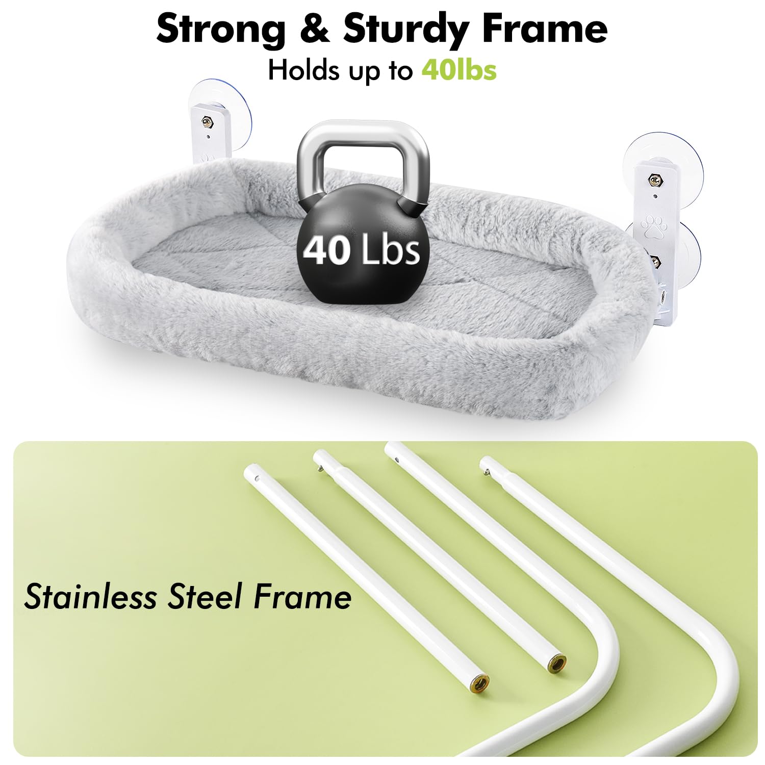 Amosijoy Cordless Cat Window Perch, Cat Hammock For Wall With 4 Strong Suction Cups, Solid Metal Frame And Two Replaceable Covers, Foldable Cat Beds For Indoor Cats (Large-Cushion Bed-Gray)