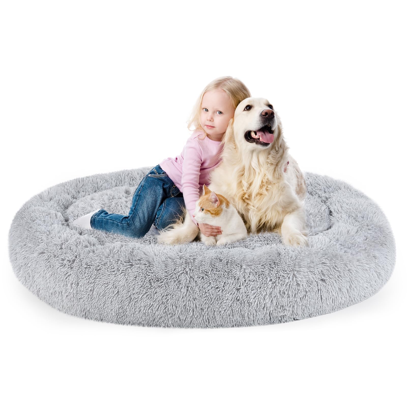 Dog Bed, Cat Calming Bed, Faux Fur Pillow Pet Donut Cuddler Round Plush Bed For Large Medium Small Dogs And Cats (Light Grey, 49
