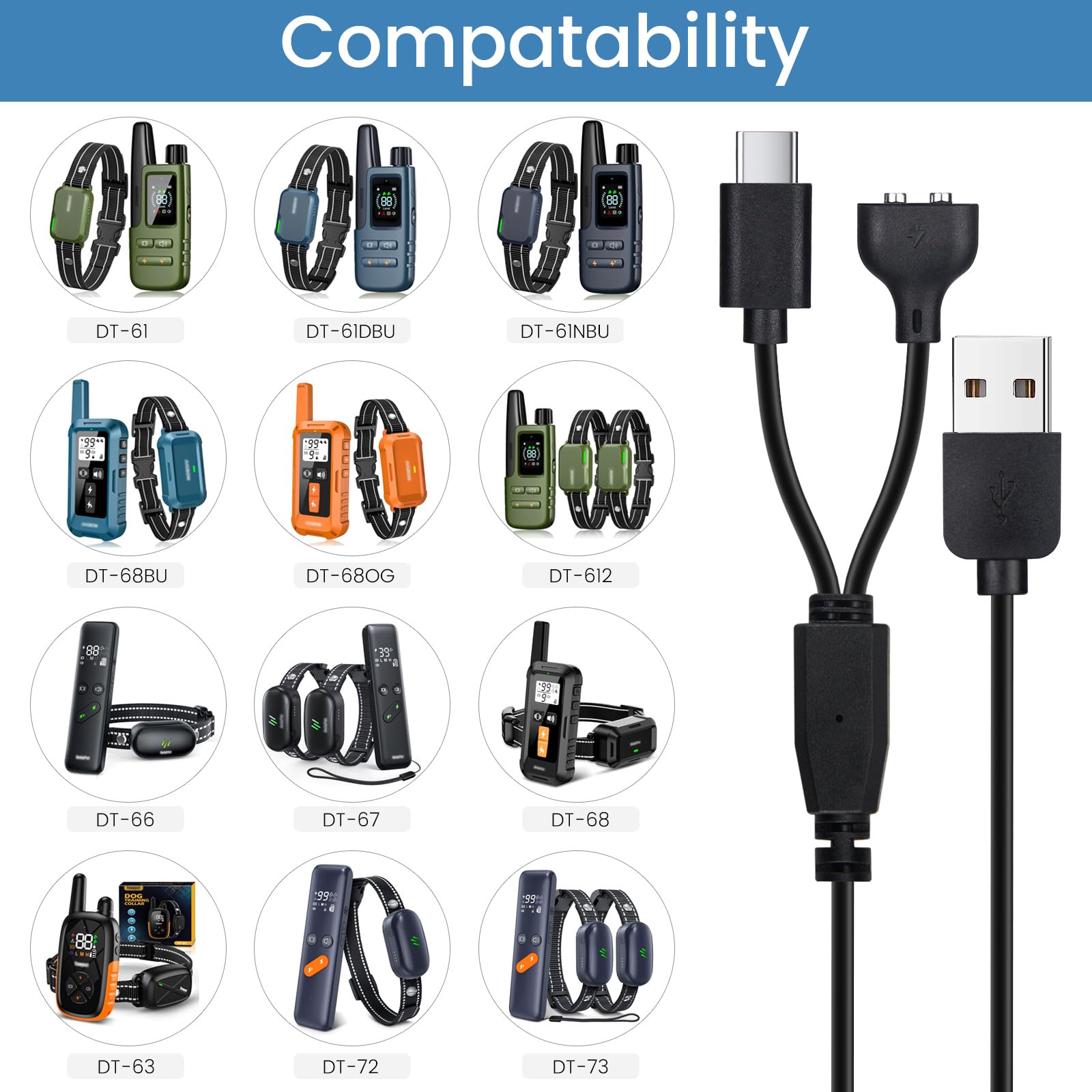 YEAOI 2-Pack Dog Shock Collar Charger Cord - 3ft Magnetic & USB C Cable, Black