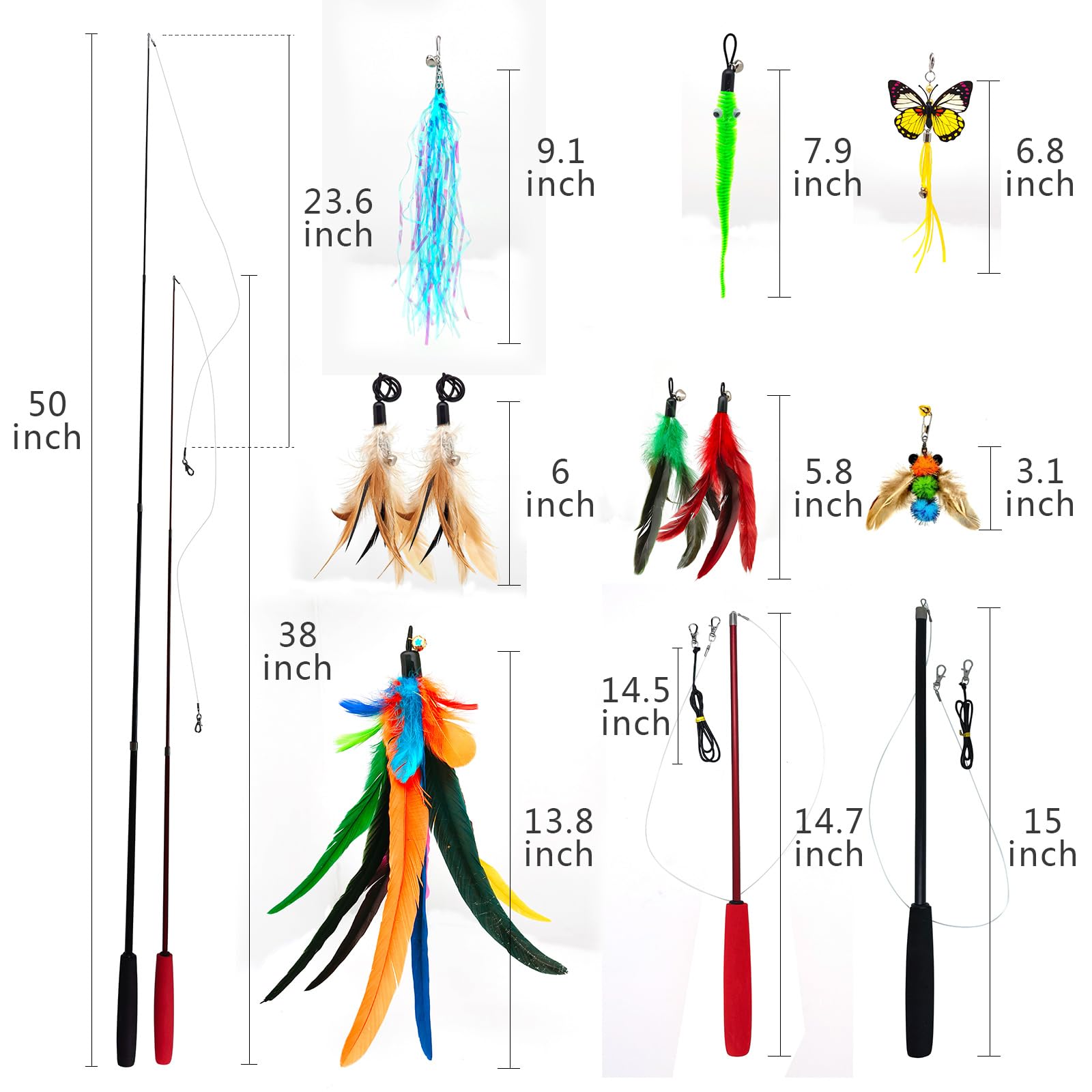 Miwoowim 2Pcs Ultra-Long Cat Teaser(50''+38'')+9Pcs Da Bird Feather Refills, Fishing Pole Toy,Interactive Toys -Retractable Cat