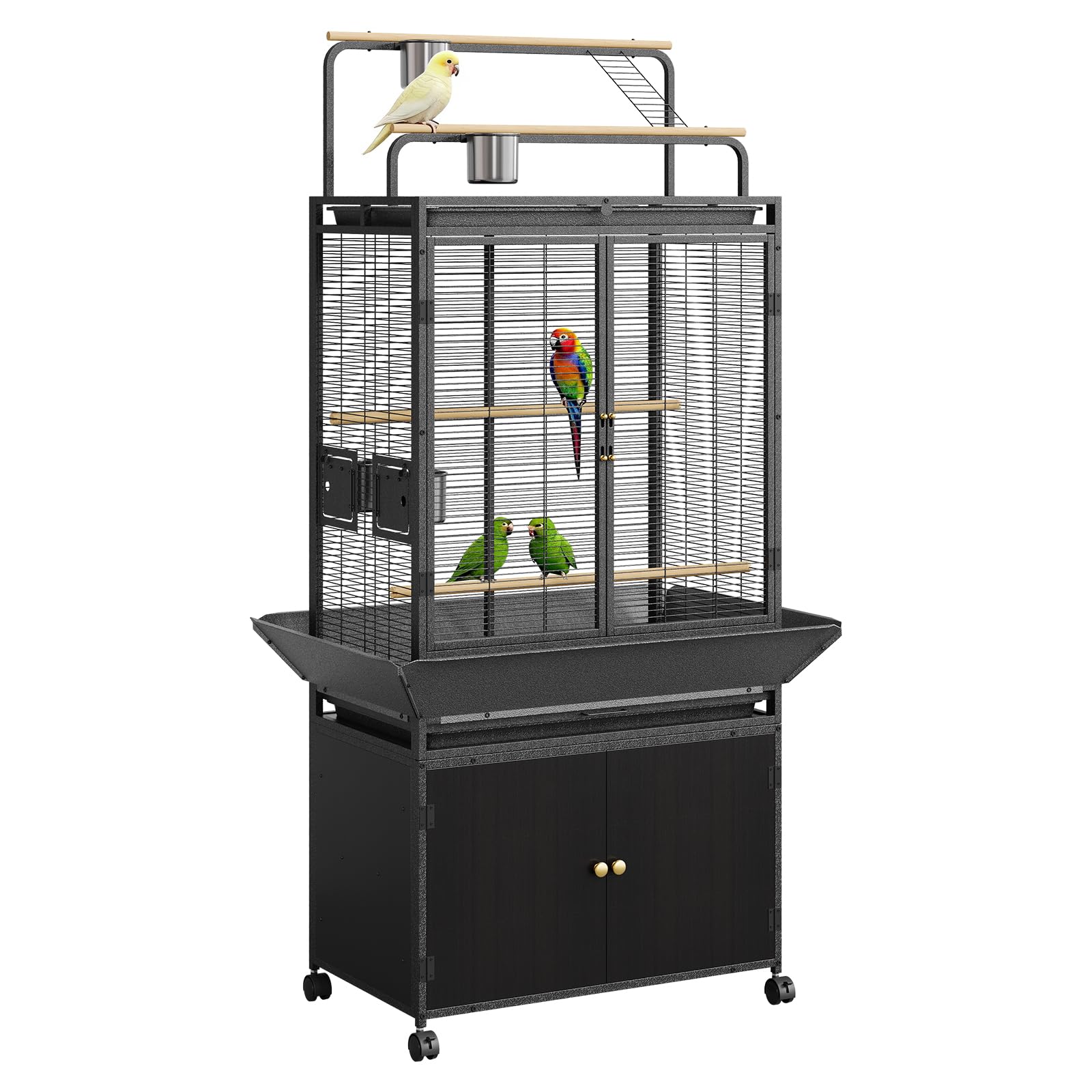 Garvee 71 H Rolling Bird Cage,Large Rolling Birdcage with Top Stand & Storage Cabinet,Black Walnut Wood Parakeet Cage for Macaw 