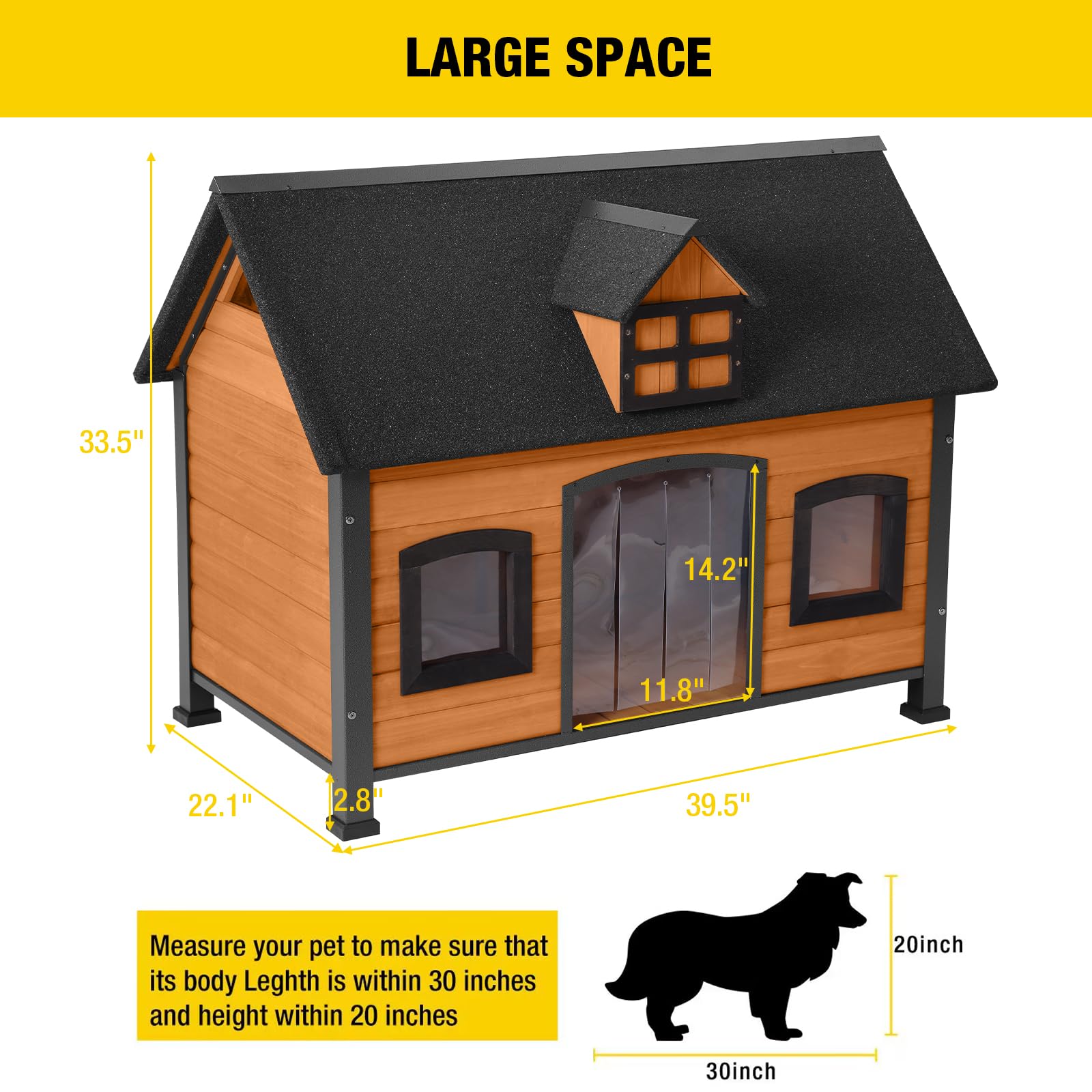 Aivituvin Large Dog House Anti-Chewing Metal Frame Design Insulated Wooden Dog Kennel With Unique Design Roof, Weatherproof Dog