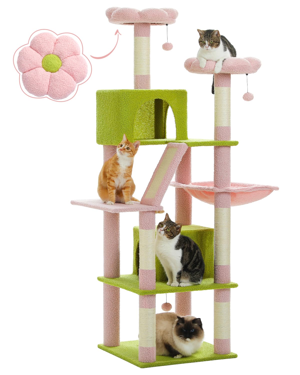 Muttros Flower Cat Tree, 70.9'' Tall Cat Tree For Indoor Cats, Large Cat Tree For Large Cats, Multi-Level Tall Cat Tower With 6 
