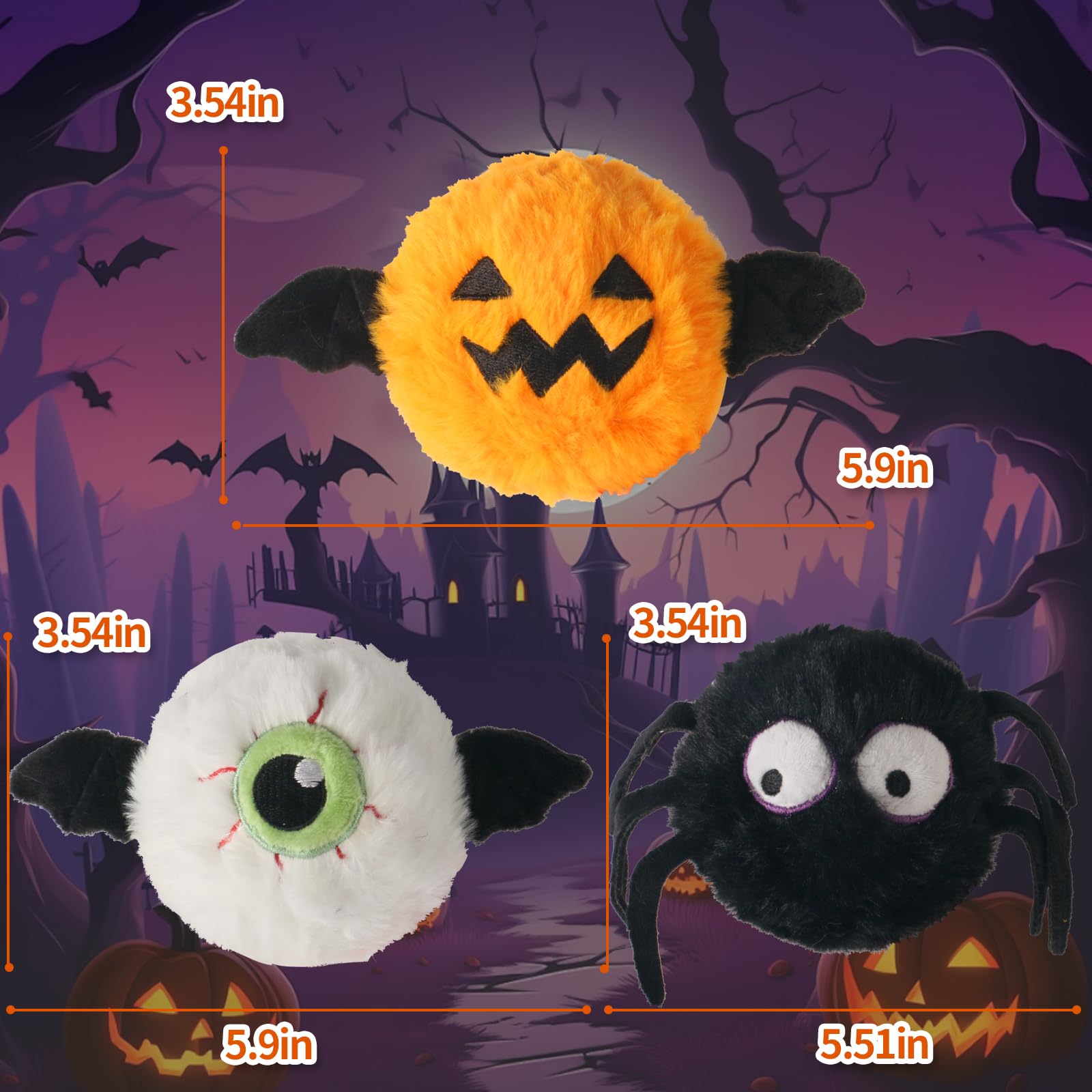 DKING 3Pack Squeaky Dog Balls,2 in1 Funny Puppy Ball Toys,Birthday Dog Toy for Small Medium Dogs (Halloween Ball)