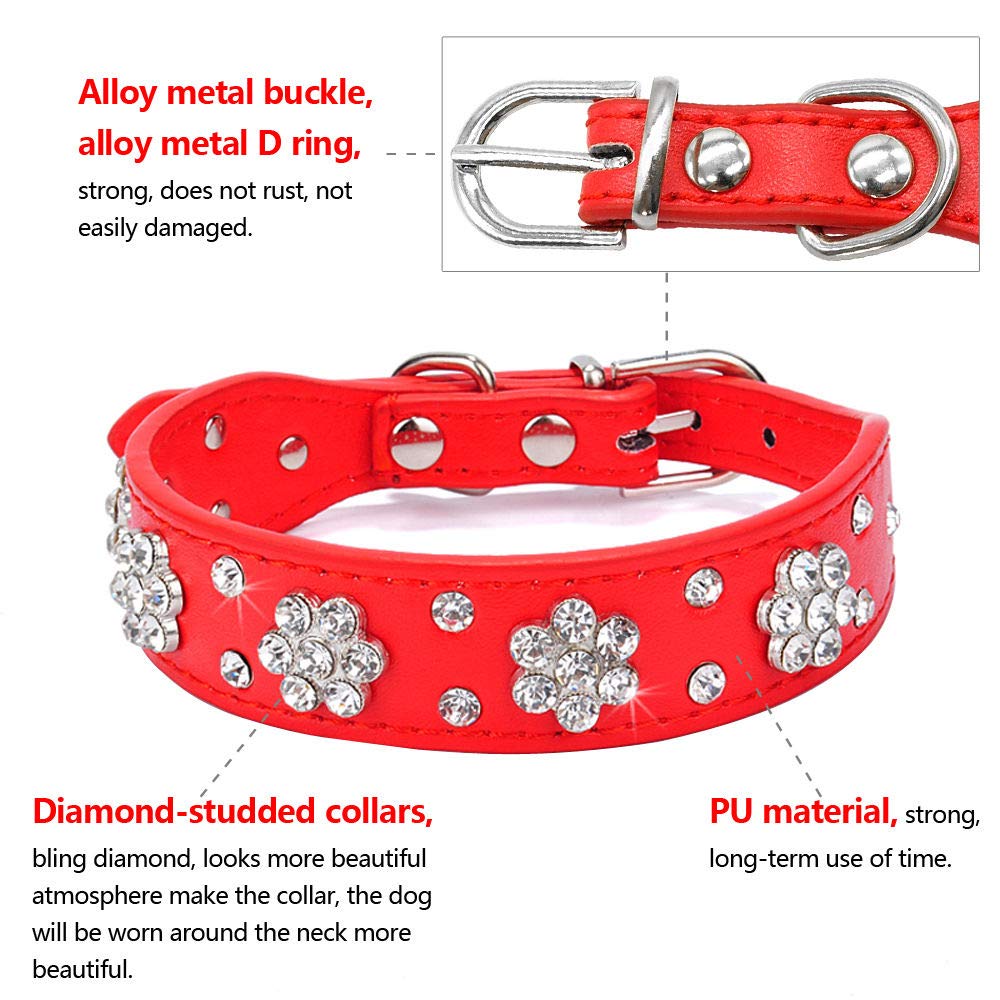 Serijoars Rhinestone Dog Collar - Cute Flower Rhinestone Bling Collar, Pu Leather, Adjustable Sizes Xs, S, M (Hot Pink)