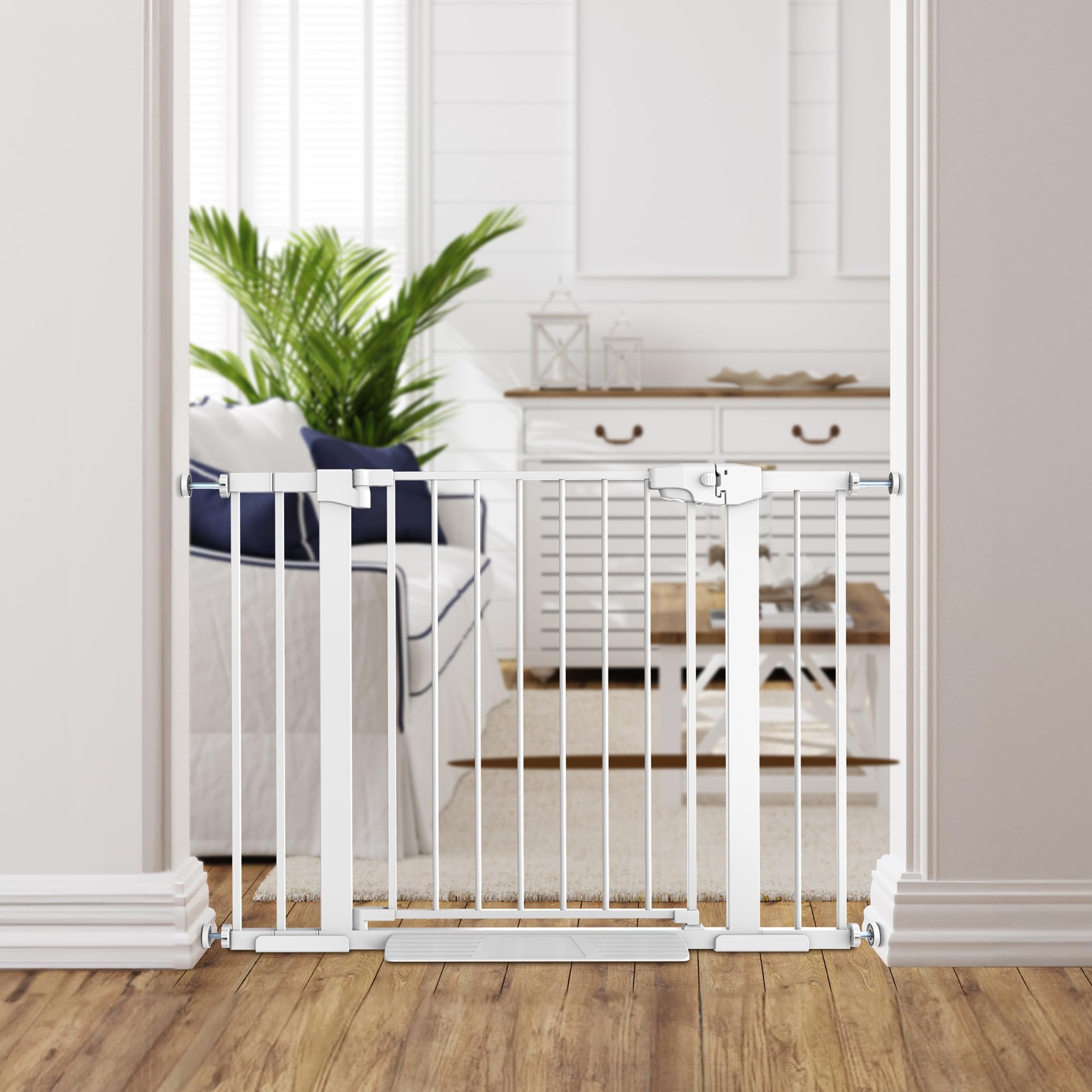 Edmyre Easy Step Walk-Thru Baby Gate - Adjustable Safety Gate for Babies & Pets, Pressure Mount Kit, Includes Wall Cups & Extens