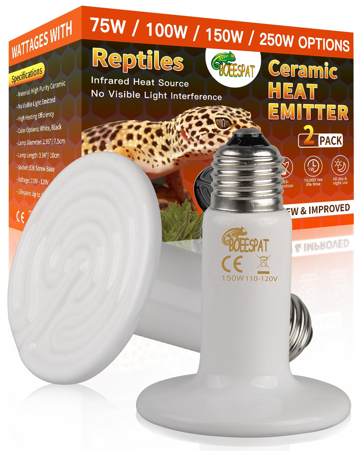 BOEESPAT High Efficiency 60W Ceramic Heat Emitters, Pack of 2 Reptile Heat Lamp Bulbs for Bearded Dragon, Lizard, Geckos, Iguana