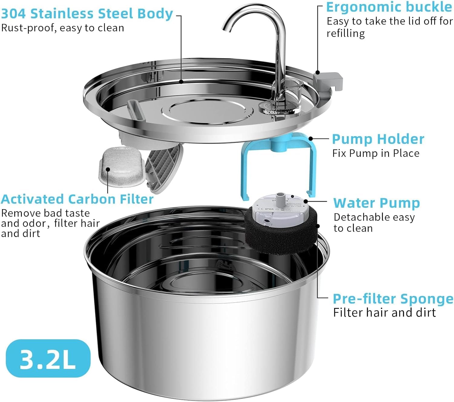 Tomxcute Cat Water Fountain Stainless Steel - 108Oz/3.2L Cat Fountain For Drinking- Large Capacity Pet Water Fountain - Cat Feed
