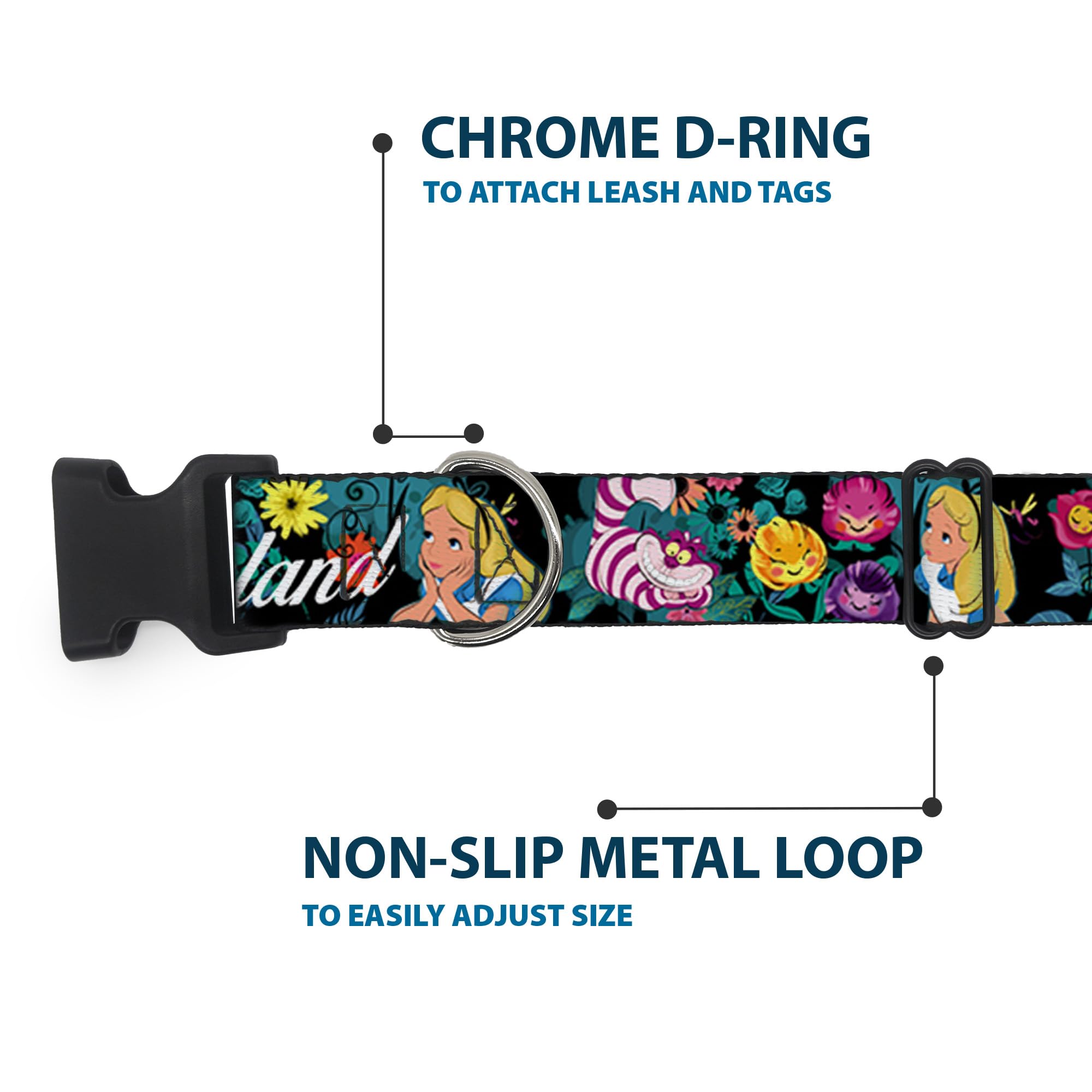 Buckle-Down Alice/Cheshire Cat/Flowers Poses2/Follow Me To Wonderland Plastic Clip Collar, Narrow Medium/7-13''